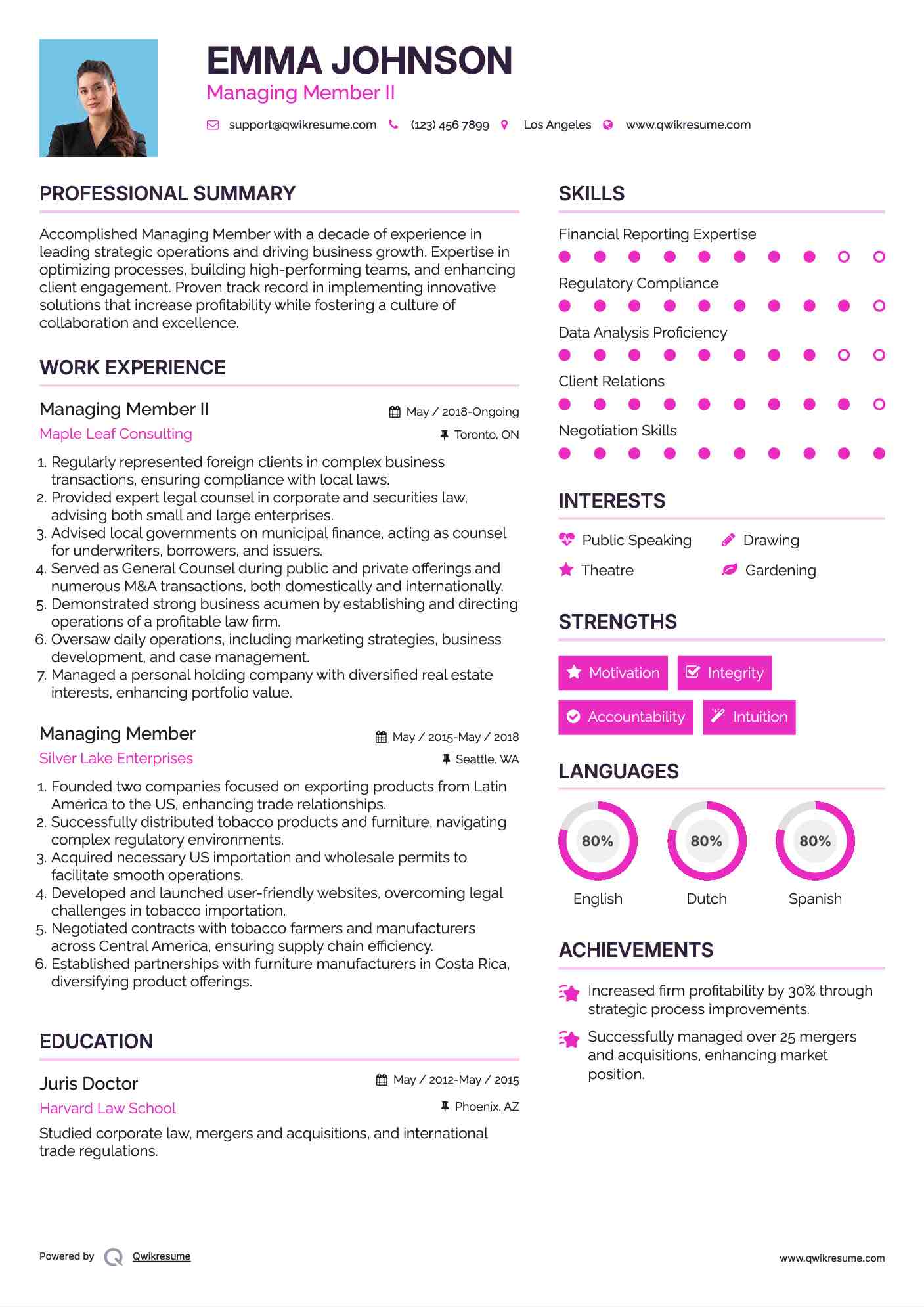 Managing Member II Resume Sample