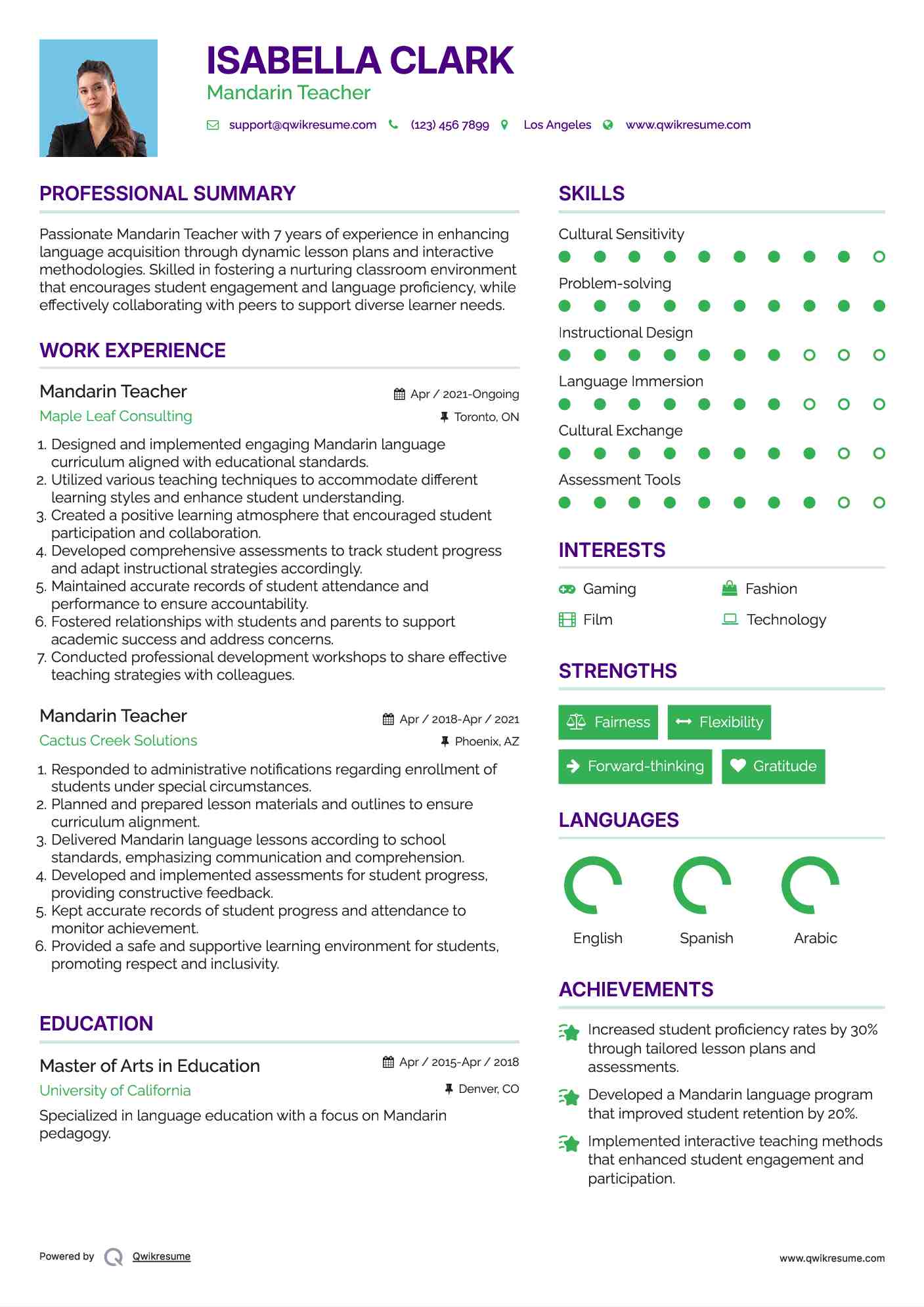 Mandarin Teacher Resume Format