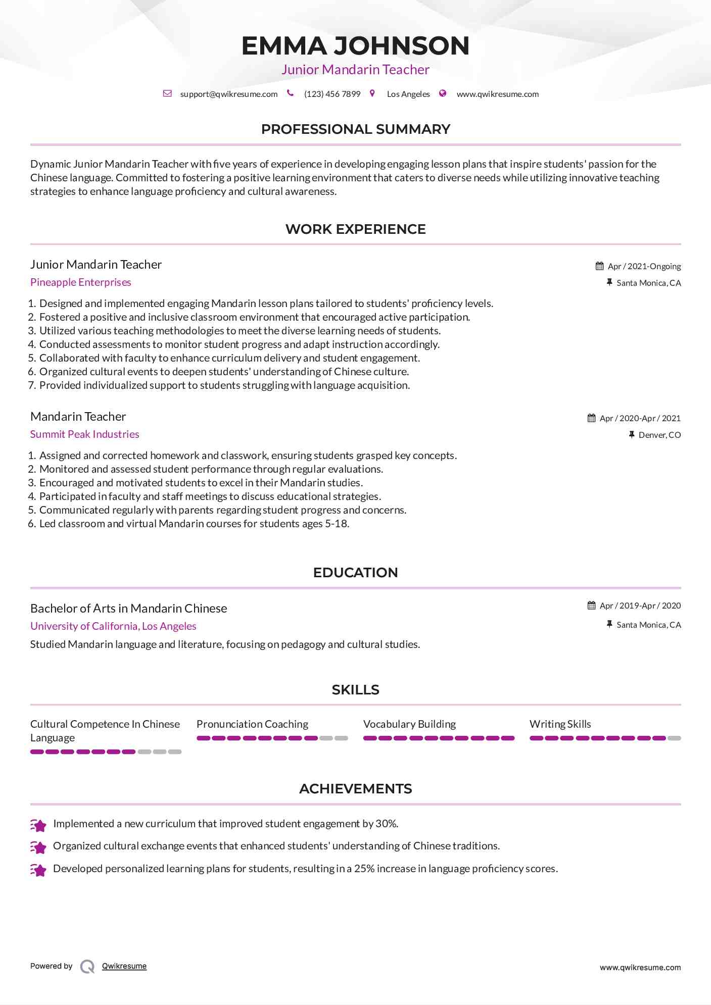 Junior Mandarin Teacher Resume Sample