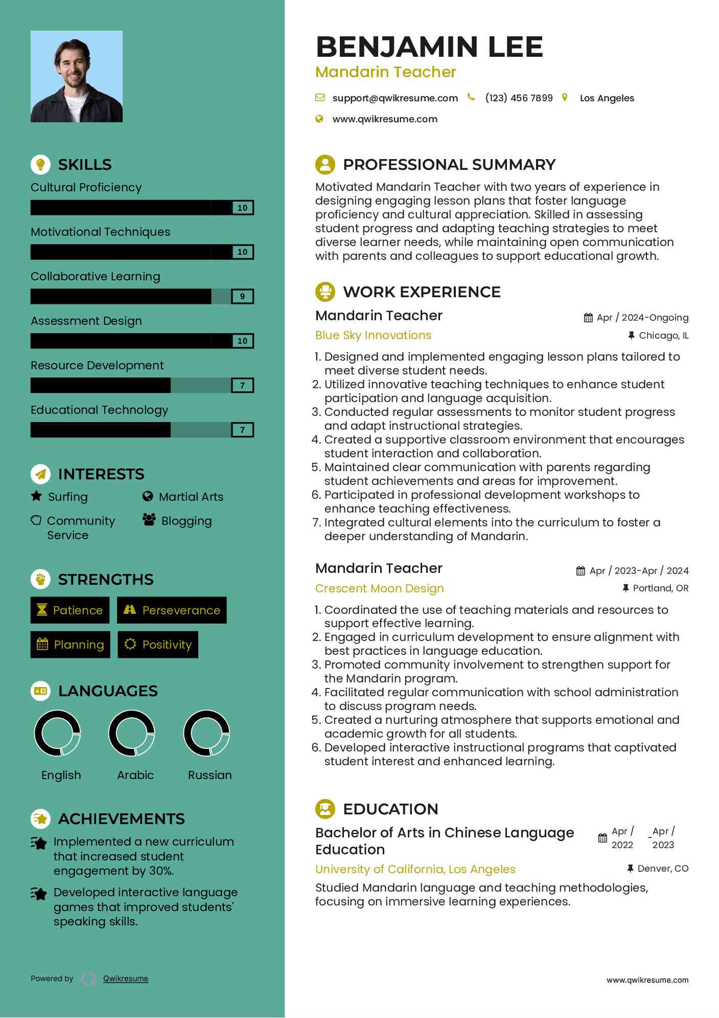 Mandarin Teacher Resume Format