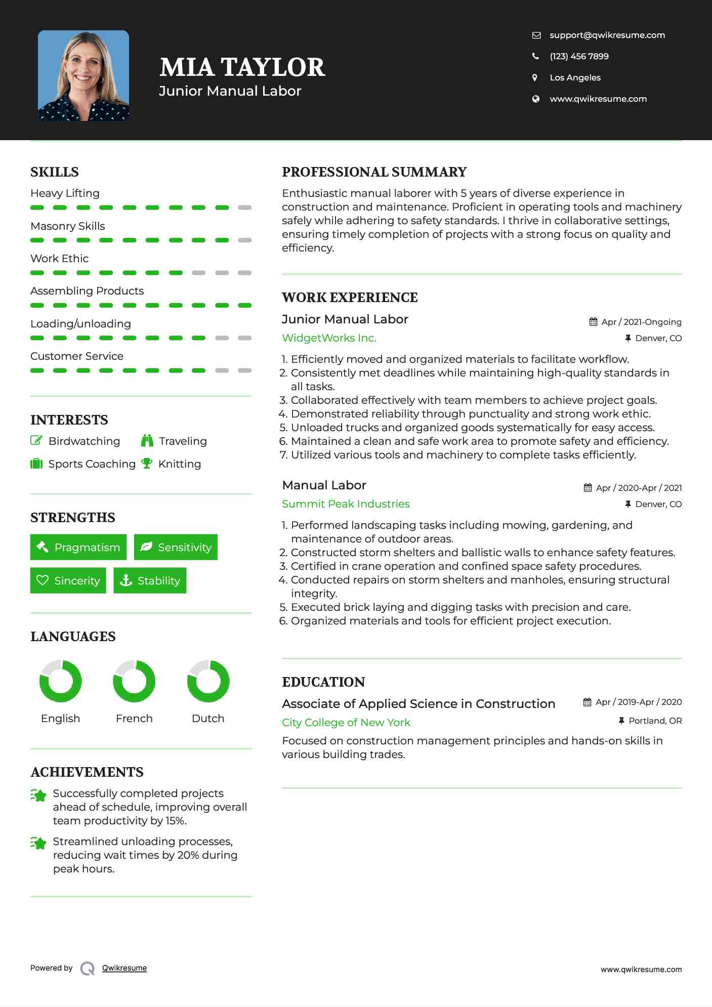 Junior Manual Labor Resume Format