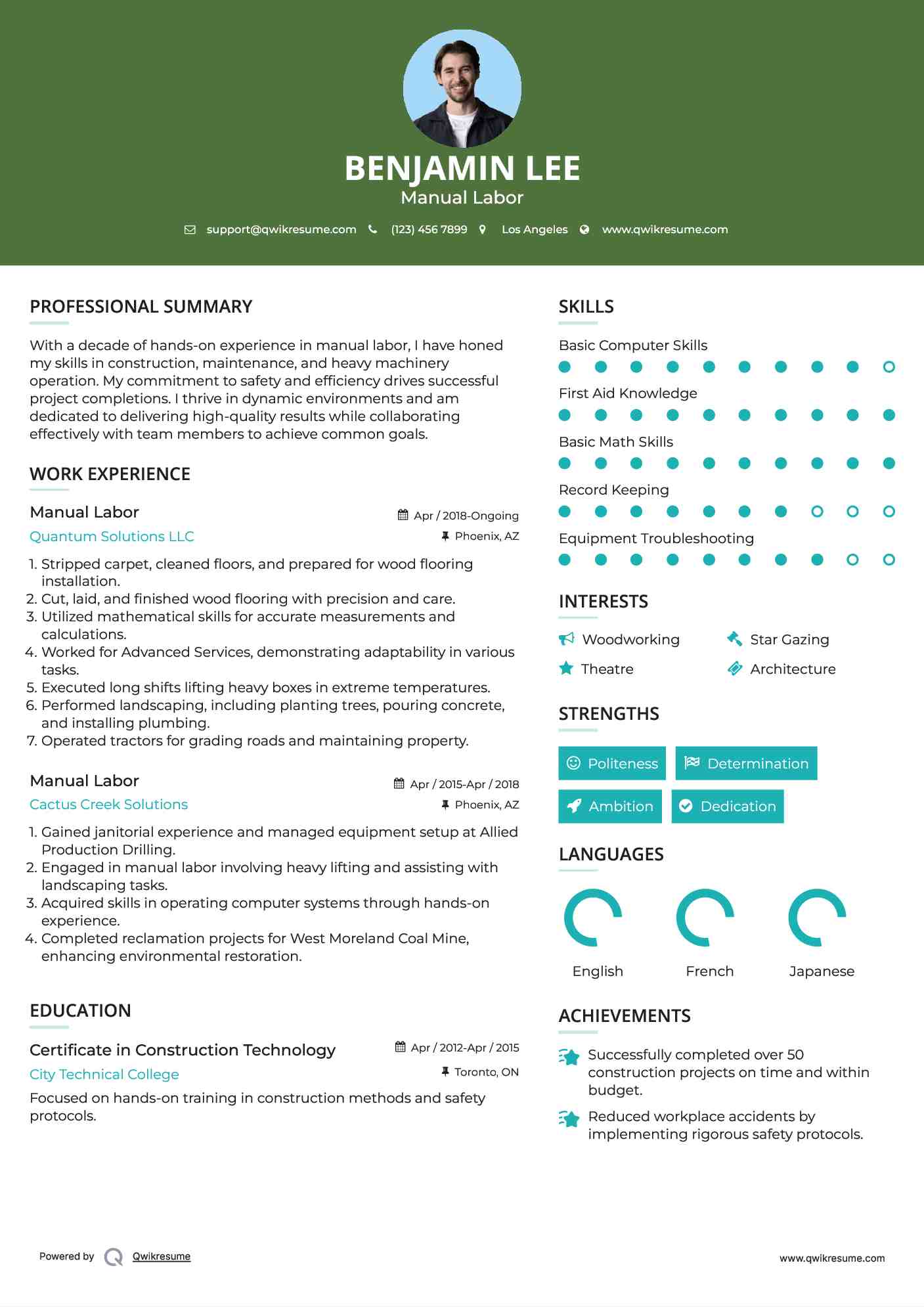 Manual Labor Resume Samples QwikResume