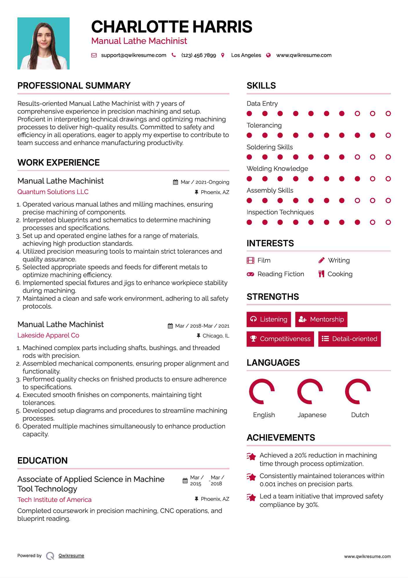 Manual Lathe Machinist Resume Template