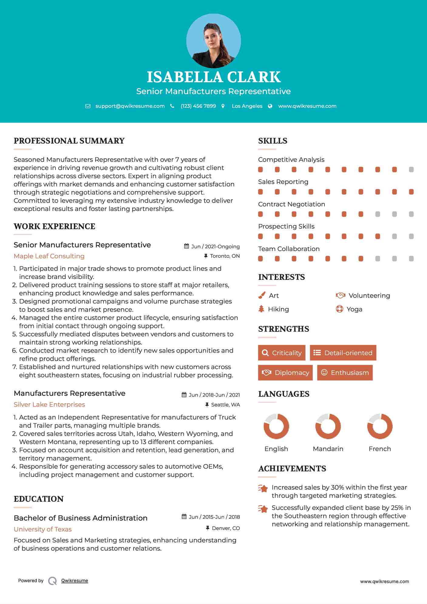 Senior Manufacturers Representative Resume Model