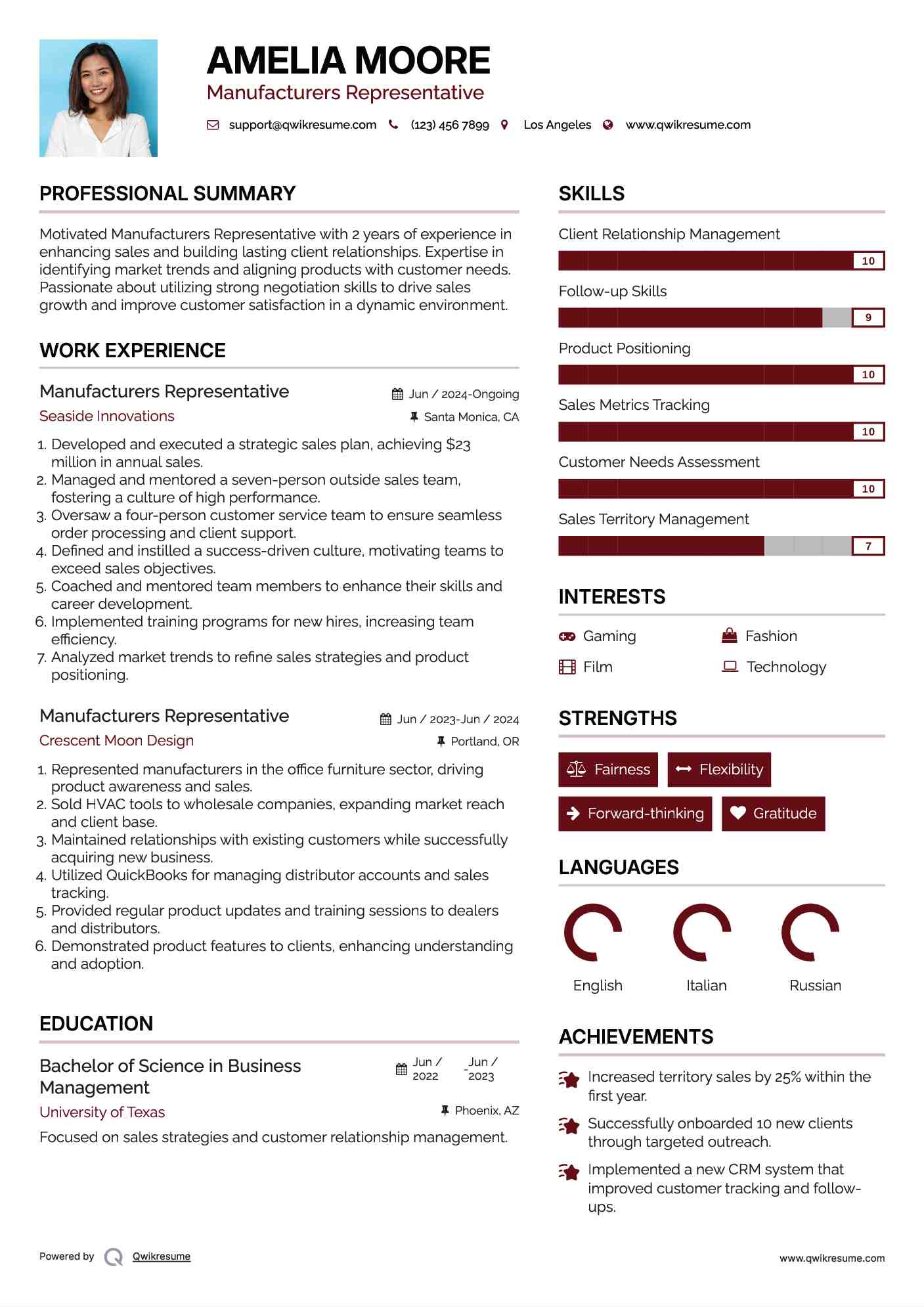 Manufacturers Representative Resume Model