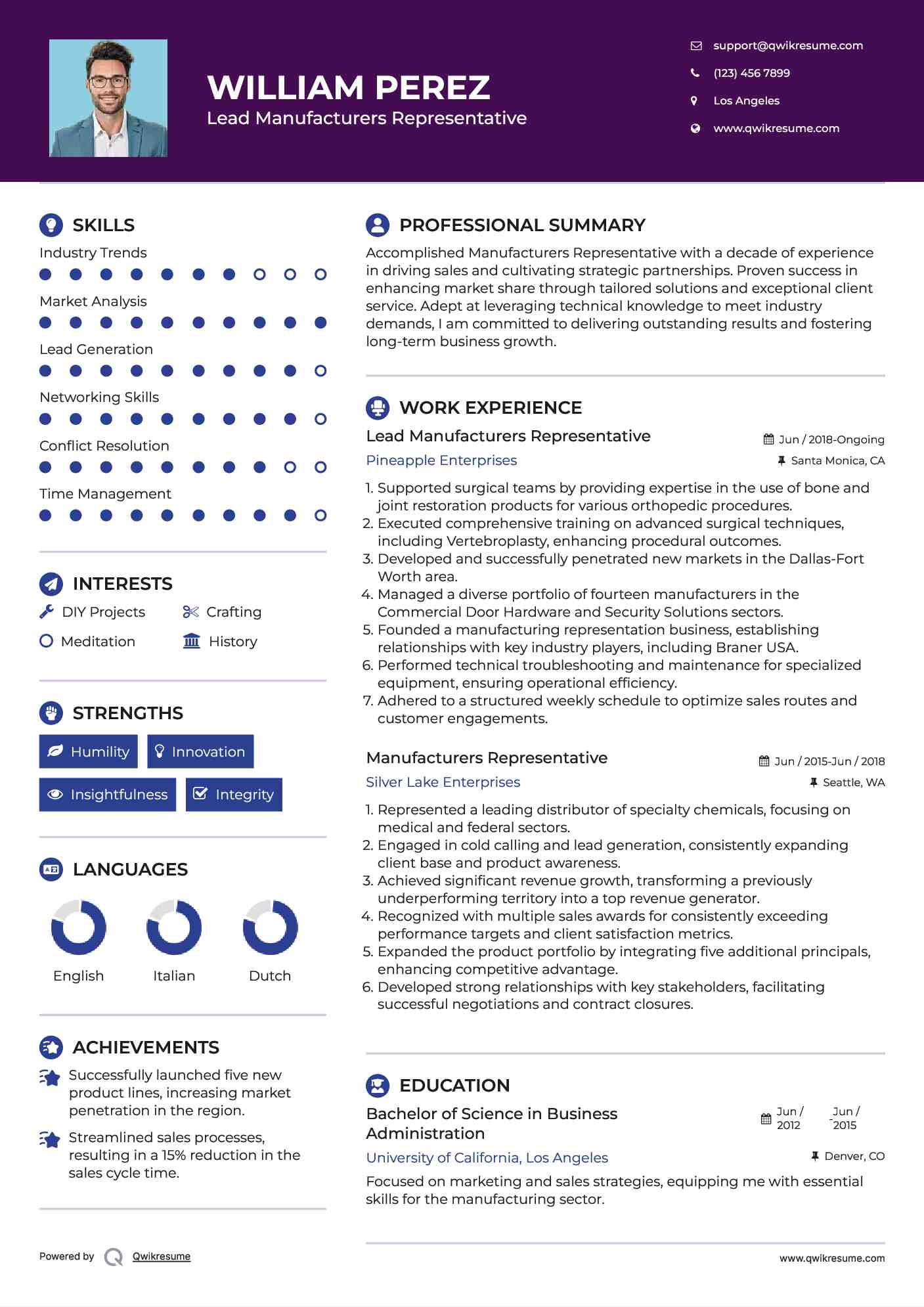 Lead Manufacturers Representative Resume Format