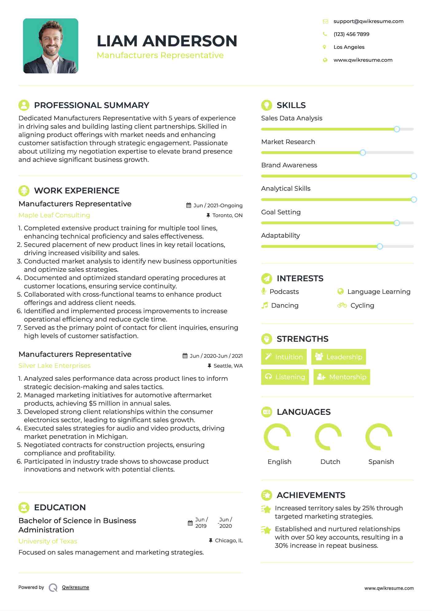 Manufacturers Representative Resume Sample