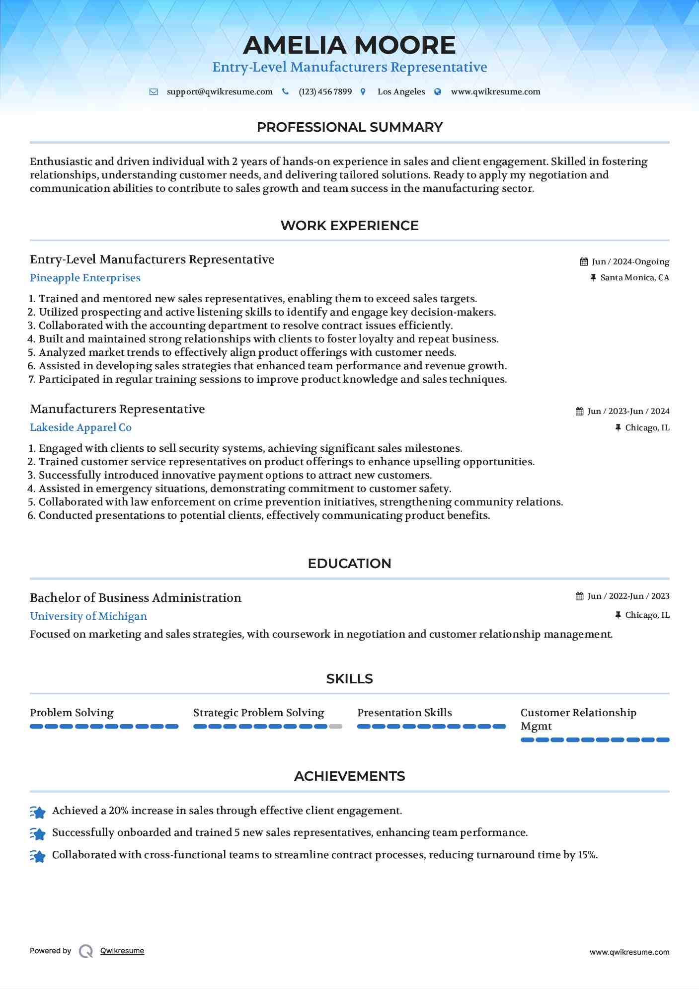 Entry-Level Manufacturers Representative Resume Example