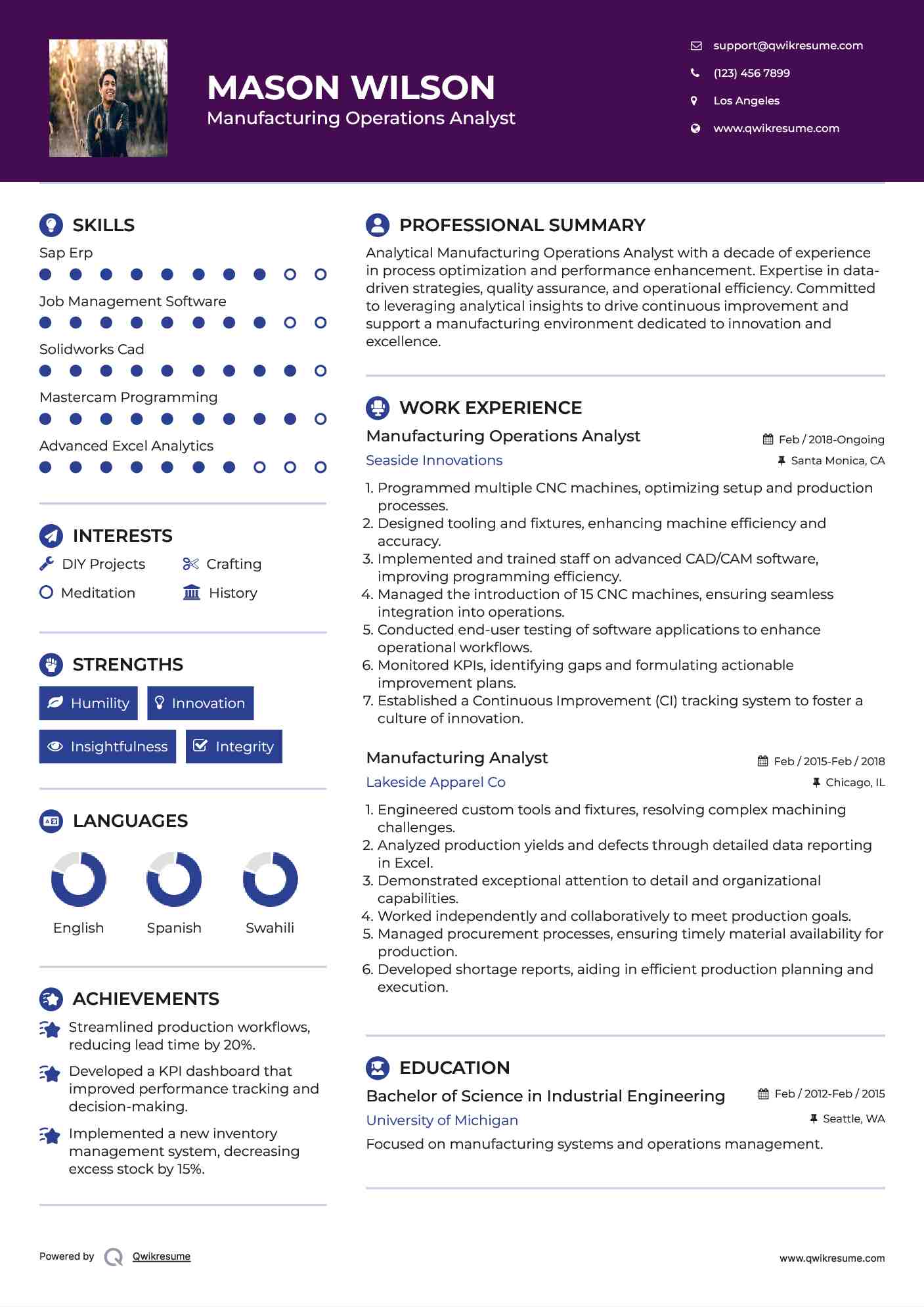 Manufacturing Operations Analyst Resume Template