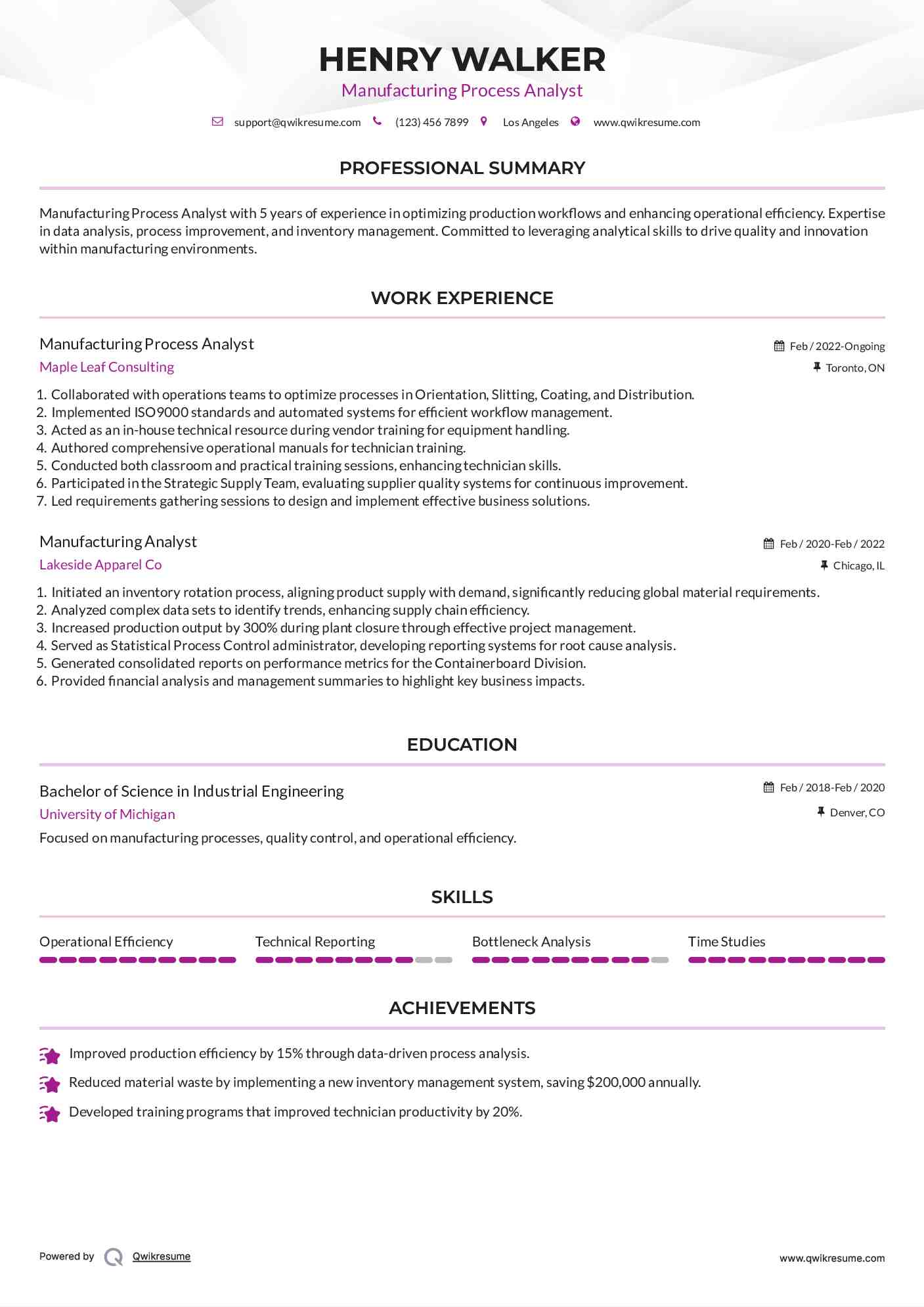 Manufacturing Process Analyst Resume Format