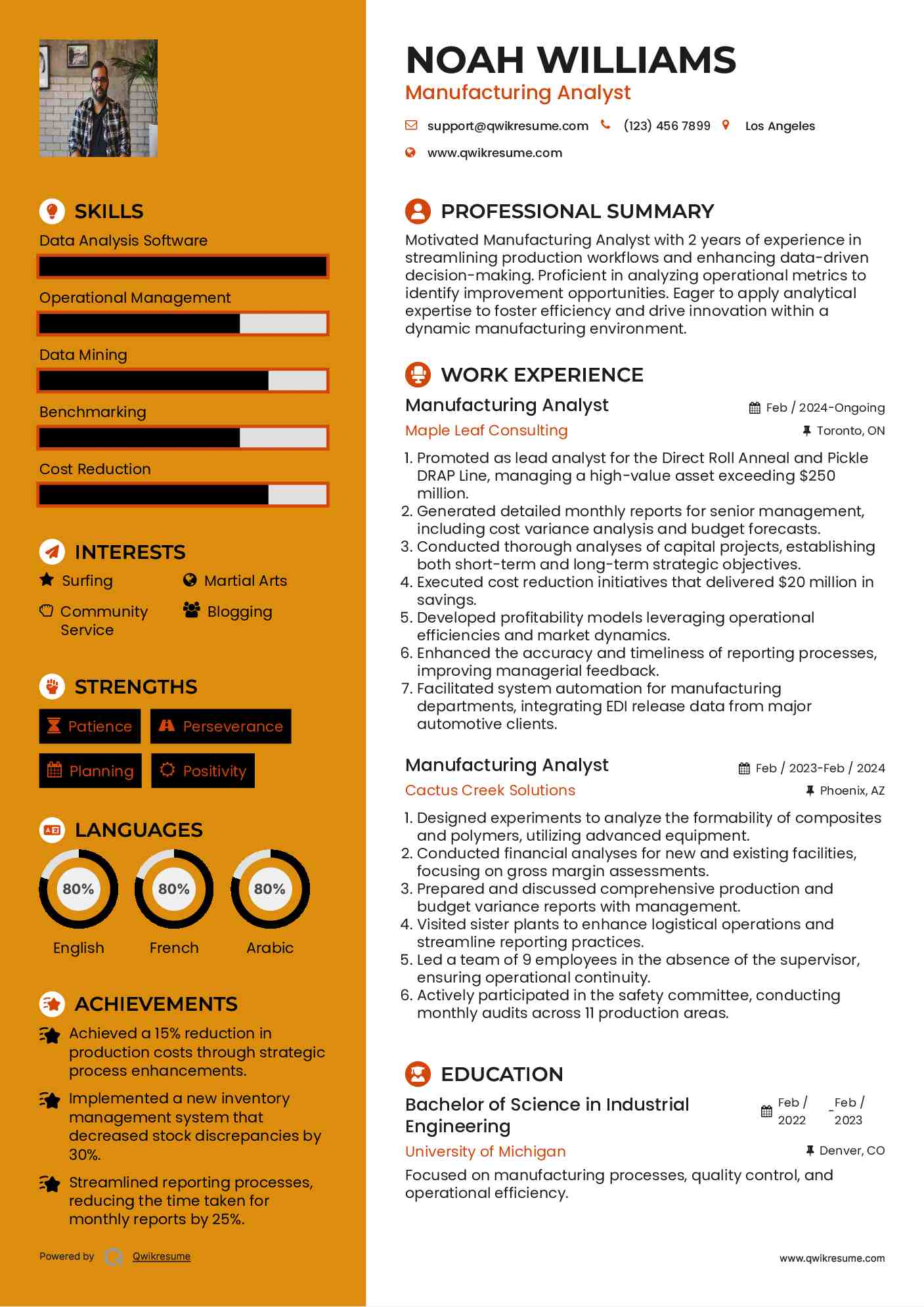 Manufacturing Analyst Resume Example