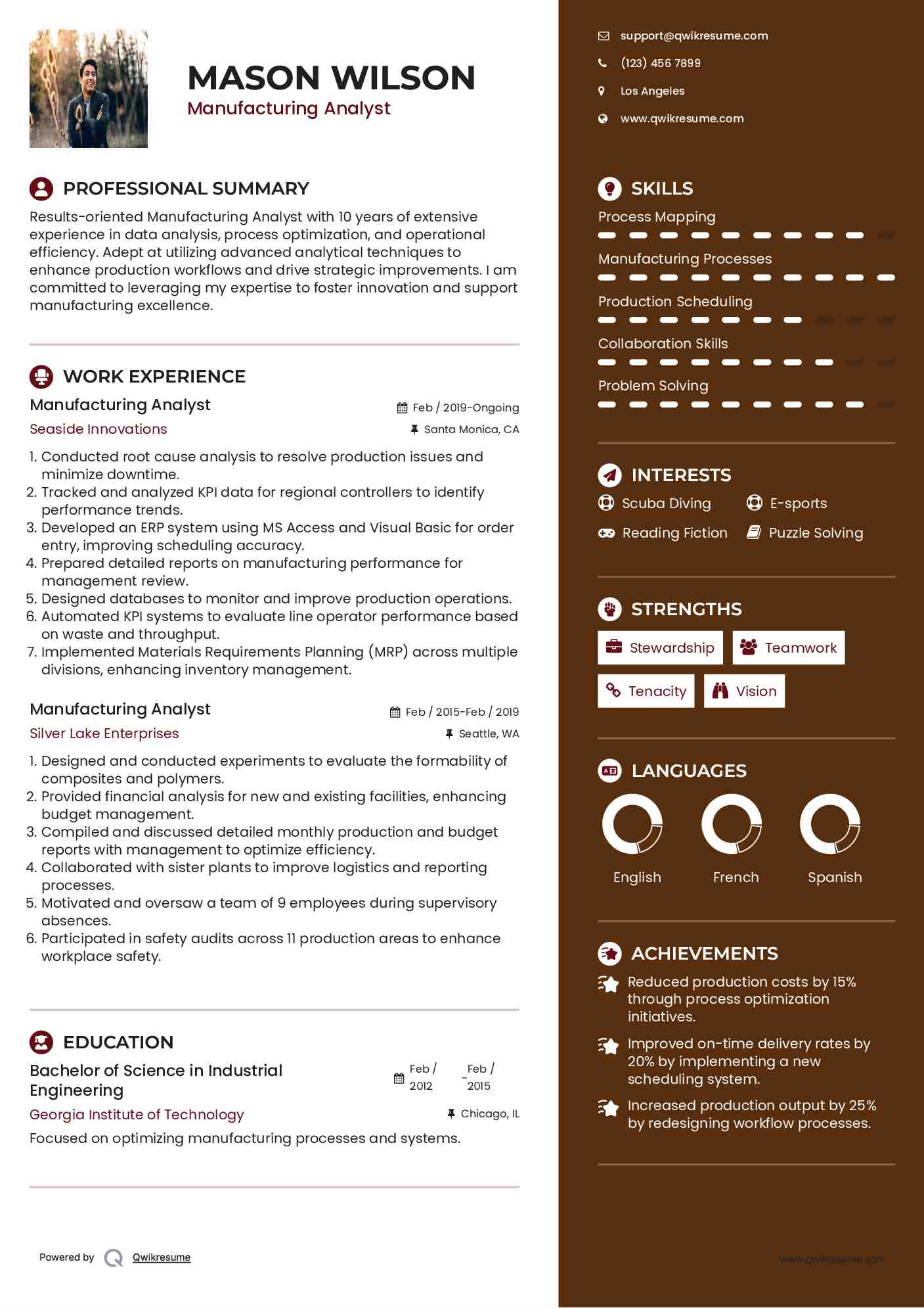 Manufacturing Analyst Resume Sample