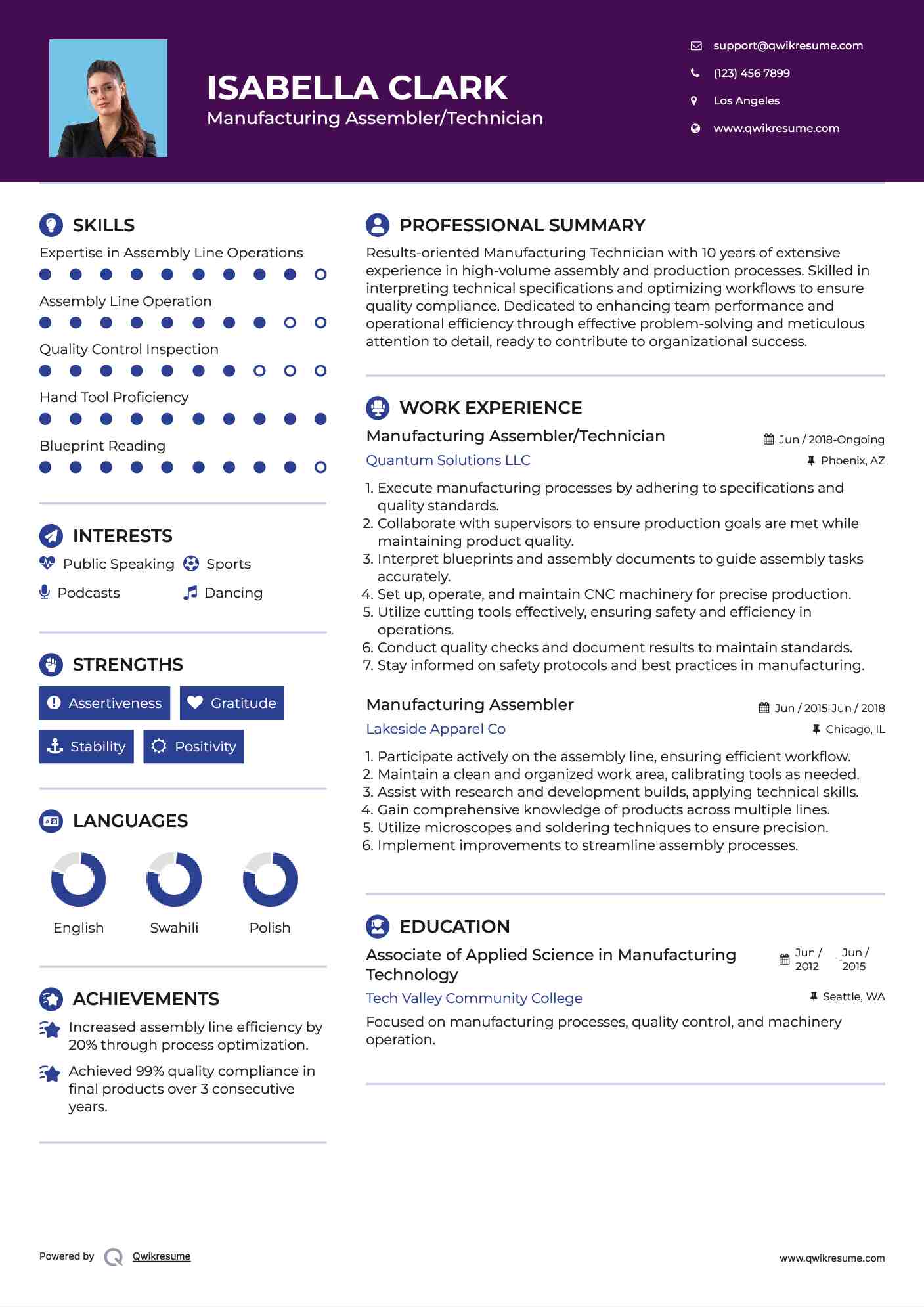 Manufacturing Assembler/Technician Resume Example