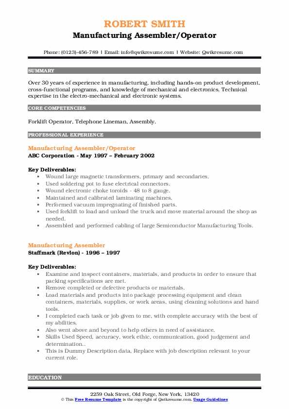 Manufacturing Assembler Resume Samples QwikResume