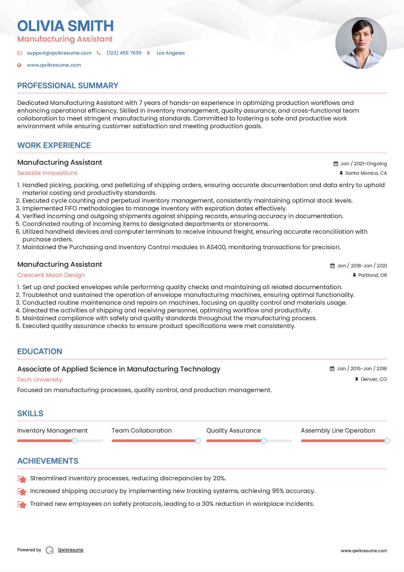 Manufacturing Assistant Resume Sample