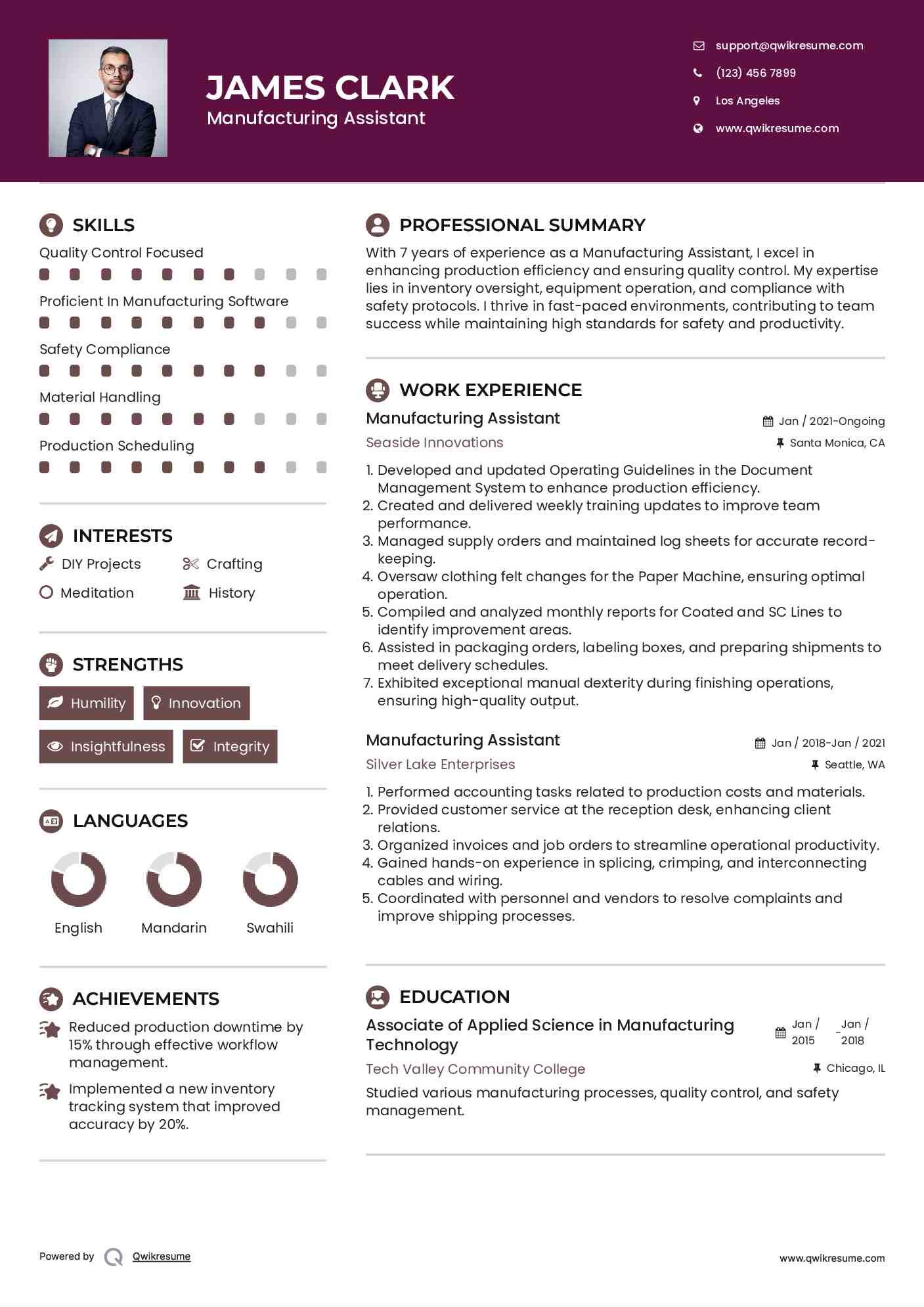Manufacturing Assistant Resume Format