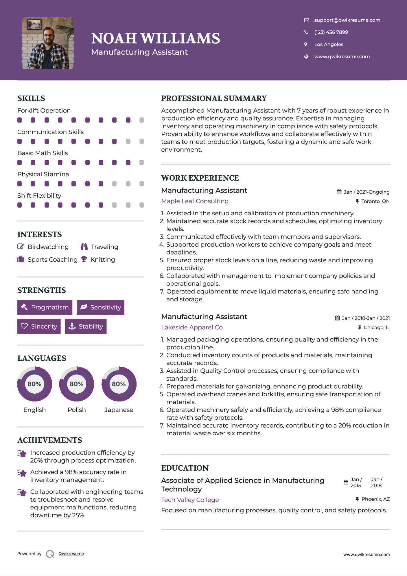 Manufacturing Assistant Resume Template