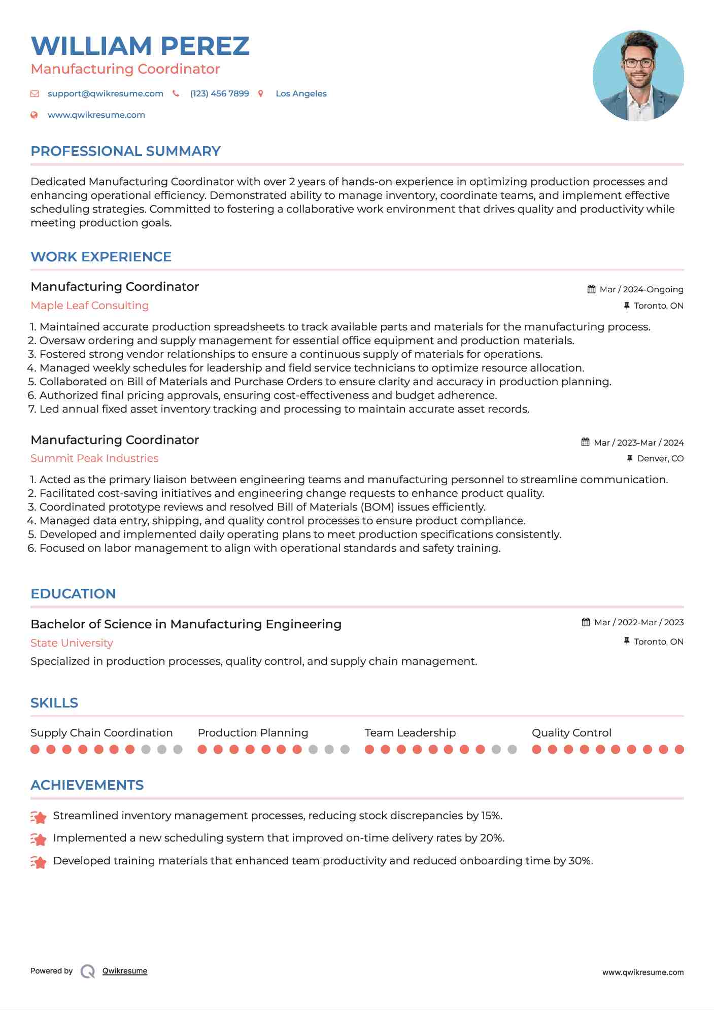 Manufacturing Coordinator Resume Sample