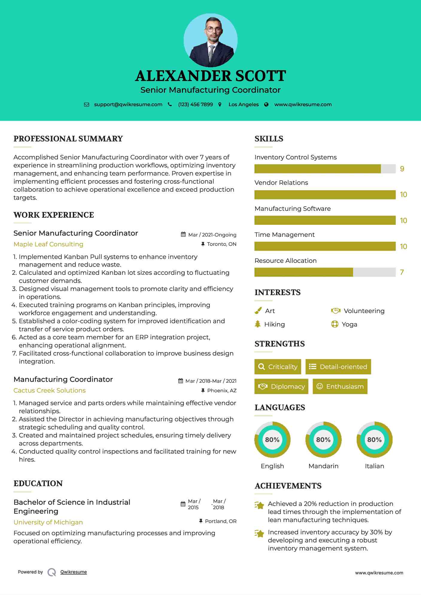 Senior Manufacturing Coordinator Resume Sample
