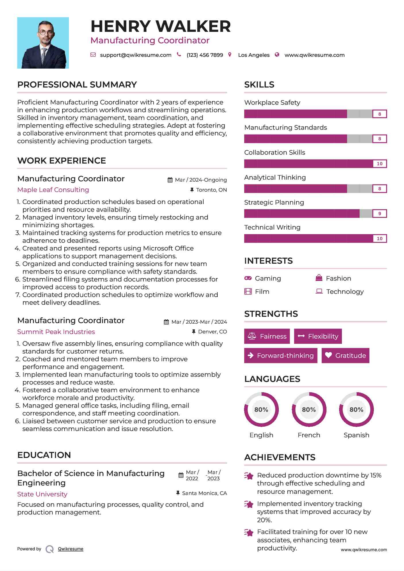 Manufacturing Coordinator Resume Template