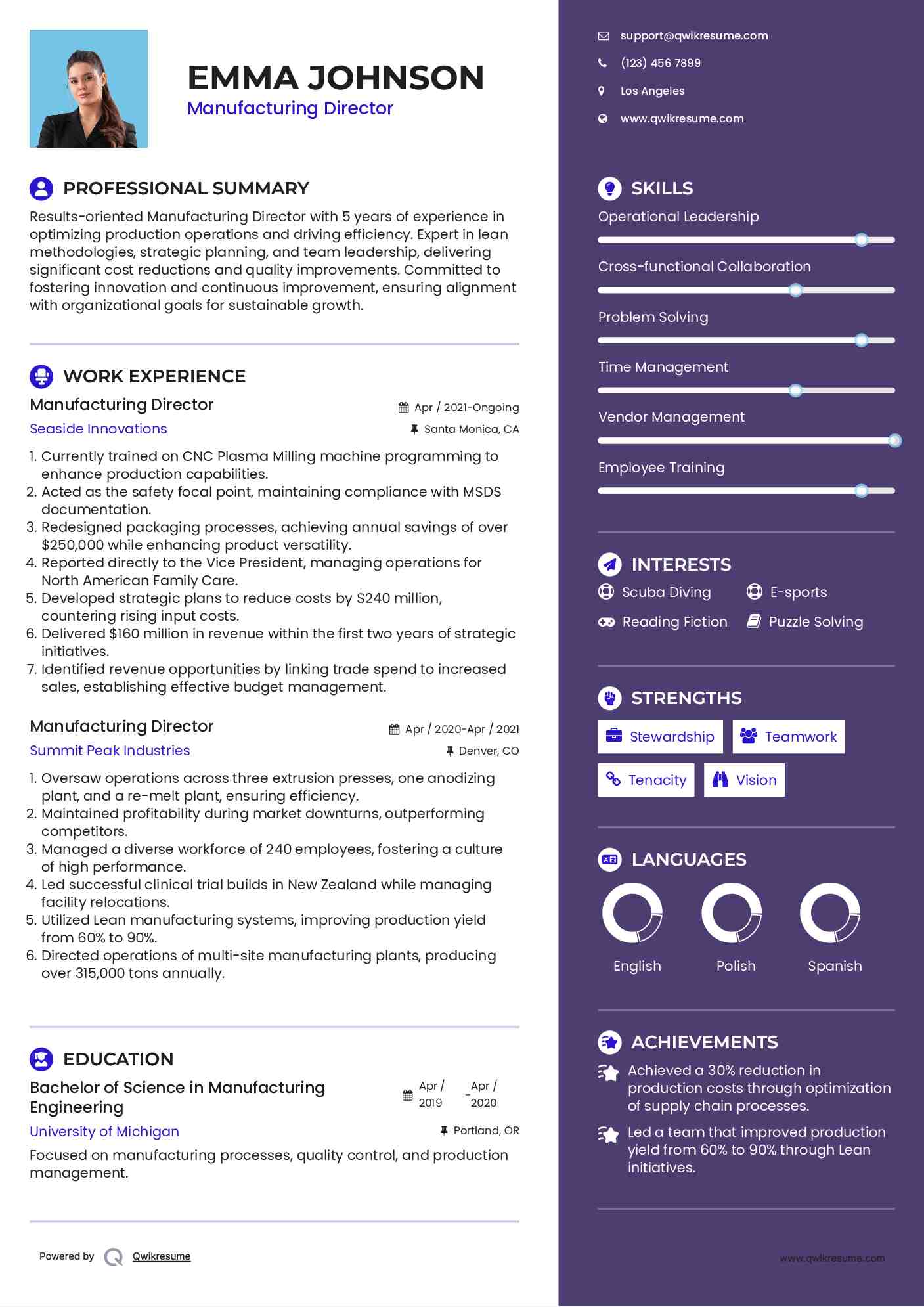 Manufacturing Director Resume Sample