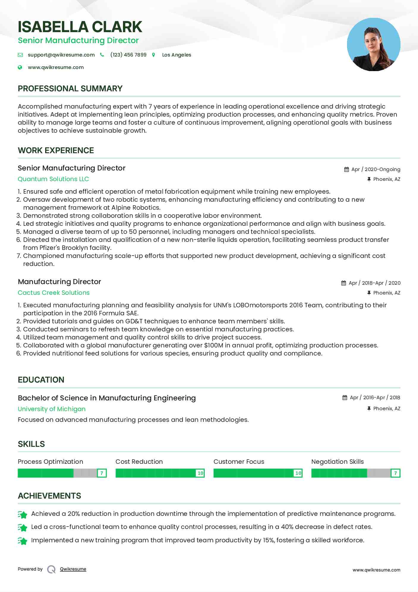 Senior Manufacturing Director Resume Model