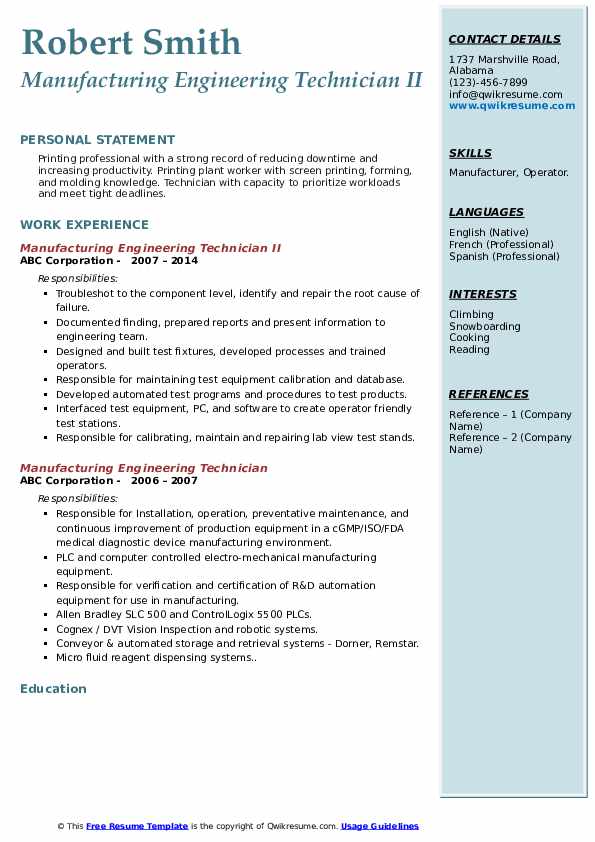 Manufacturing Engineering Technician Resume Samples QwikResume