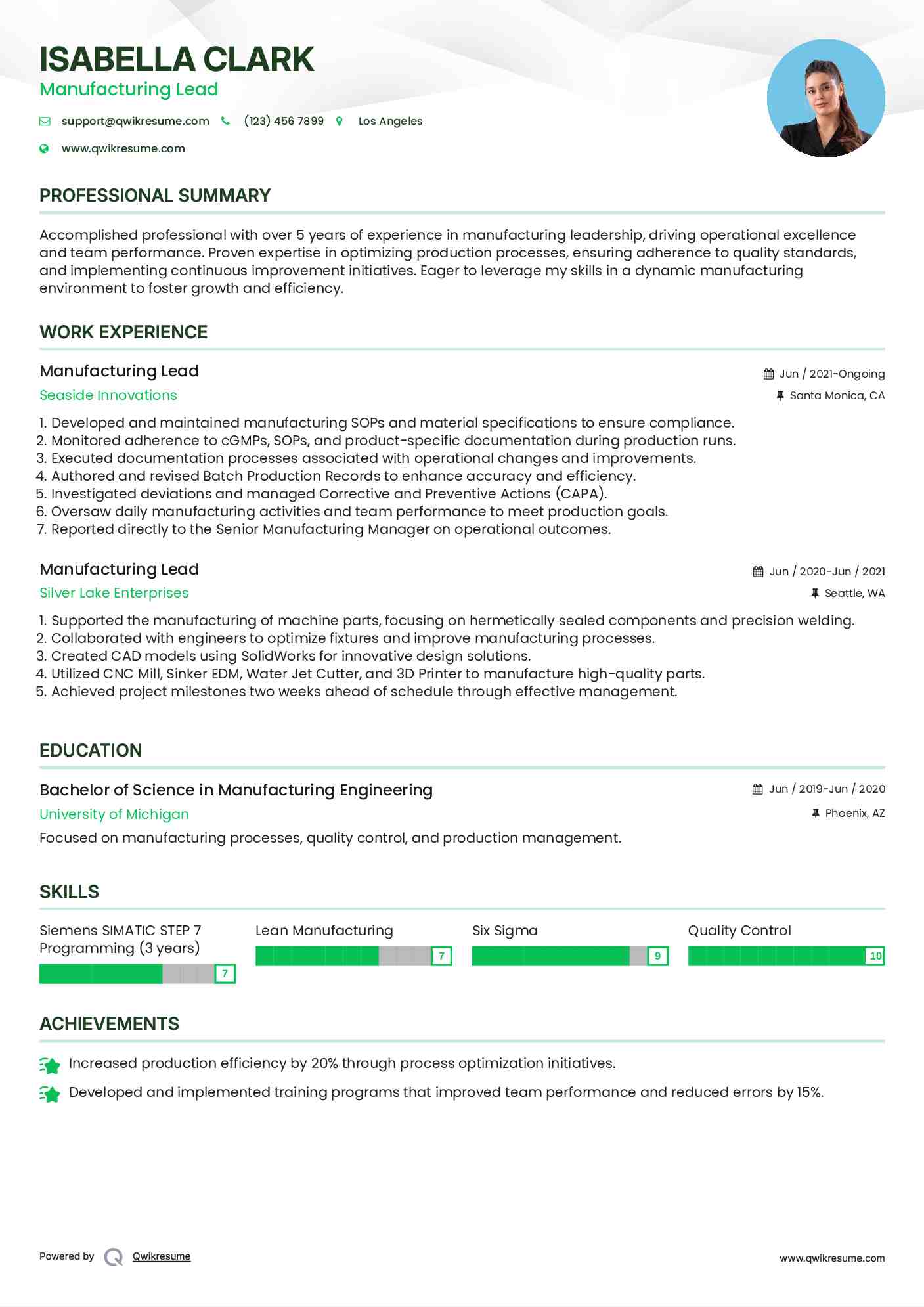 Manufacturing Lead Resume Template