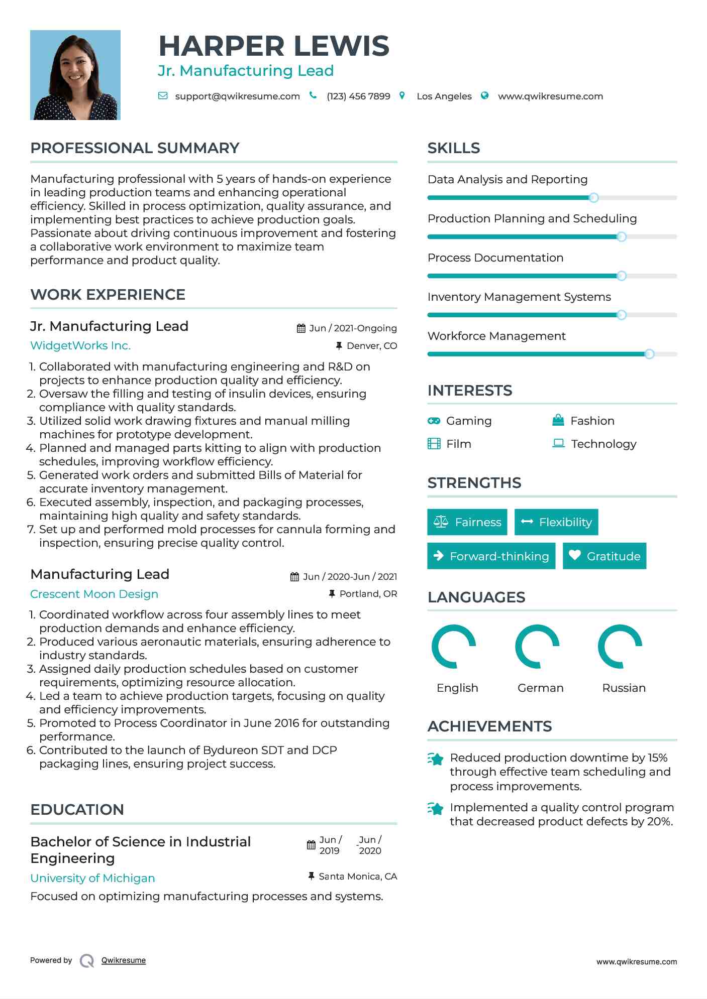 Jr. Manufacturing Lead Resume Model
