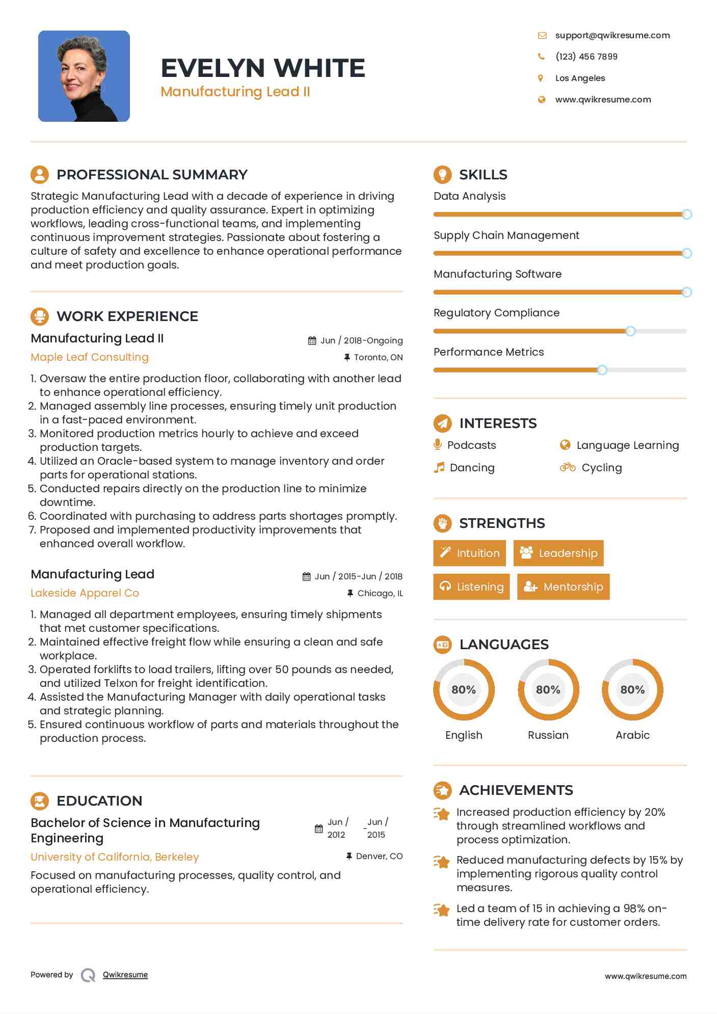 Manufacturing Lead II Resume Sample