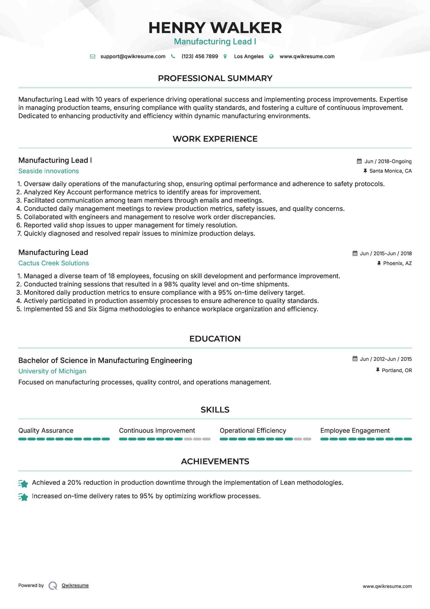 Manufacturing Lead I Resume Template