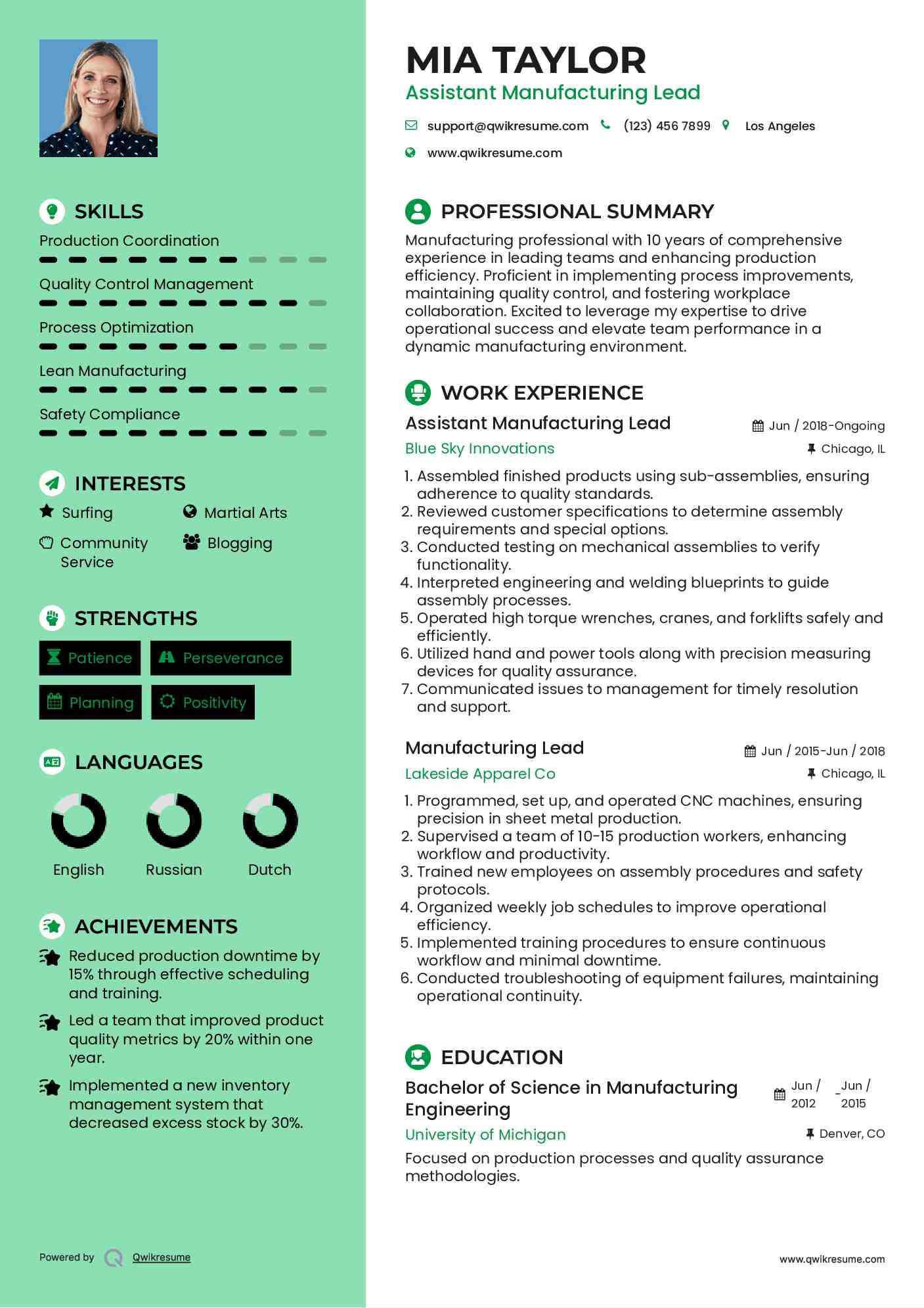 Assistant Manufacturing Lead Resume Sample