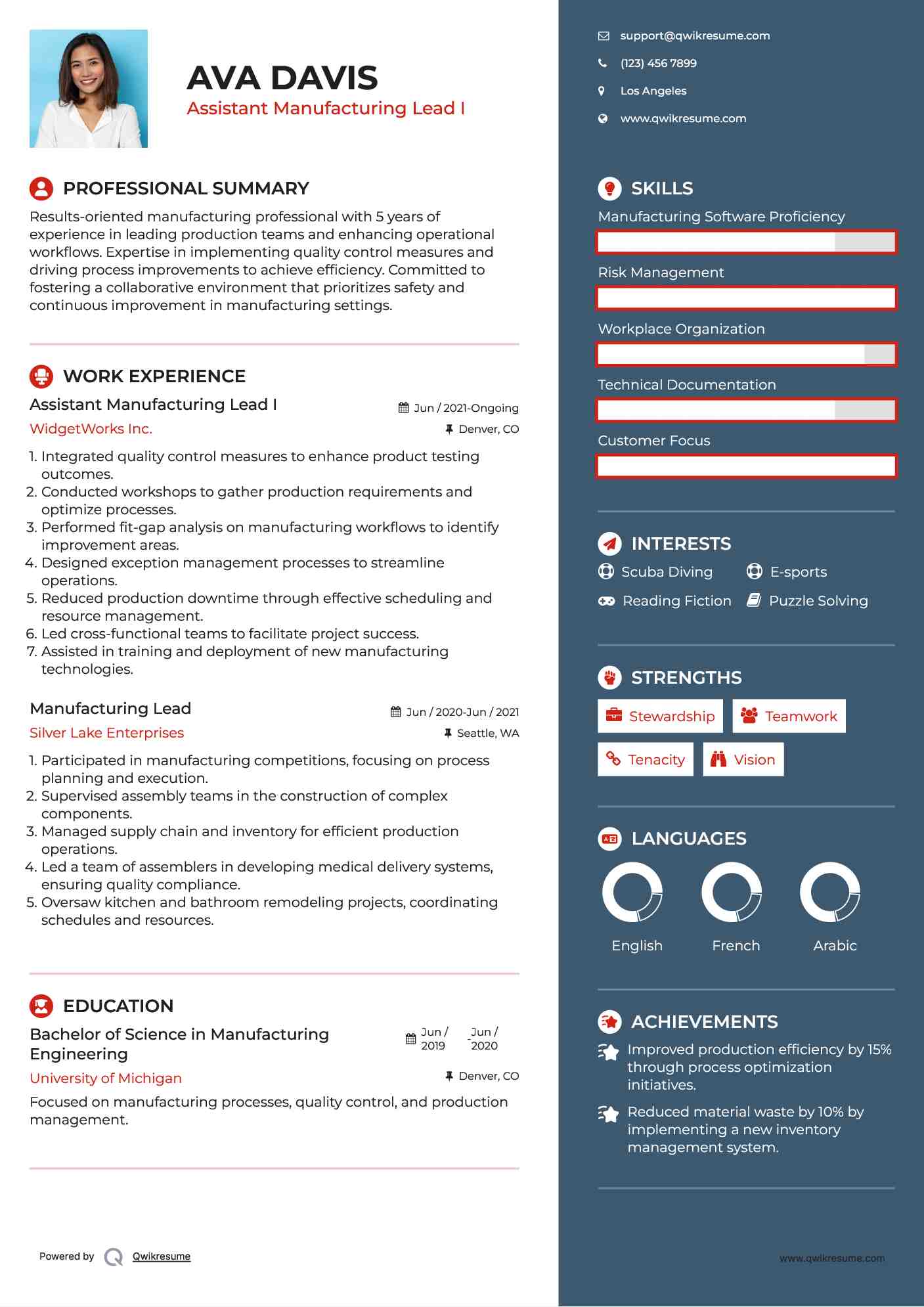 Assistant Manufacturing Lead I Resume Example