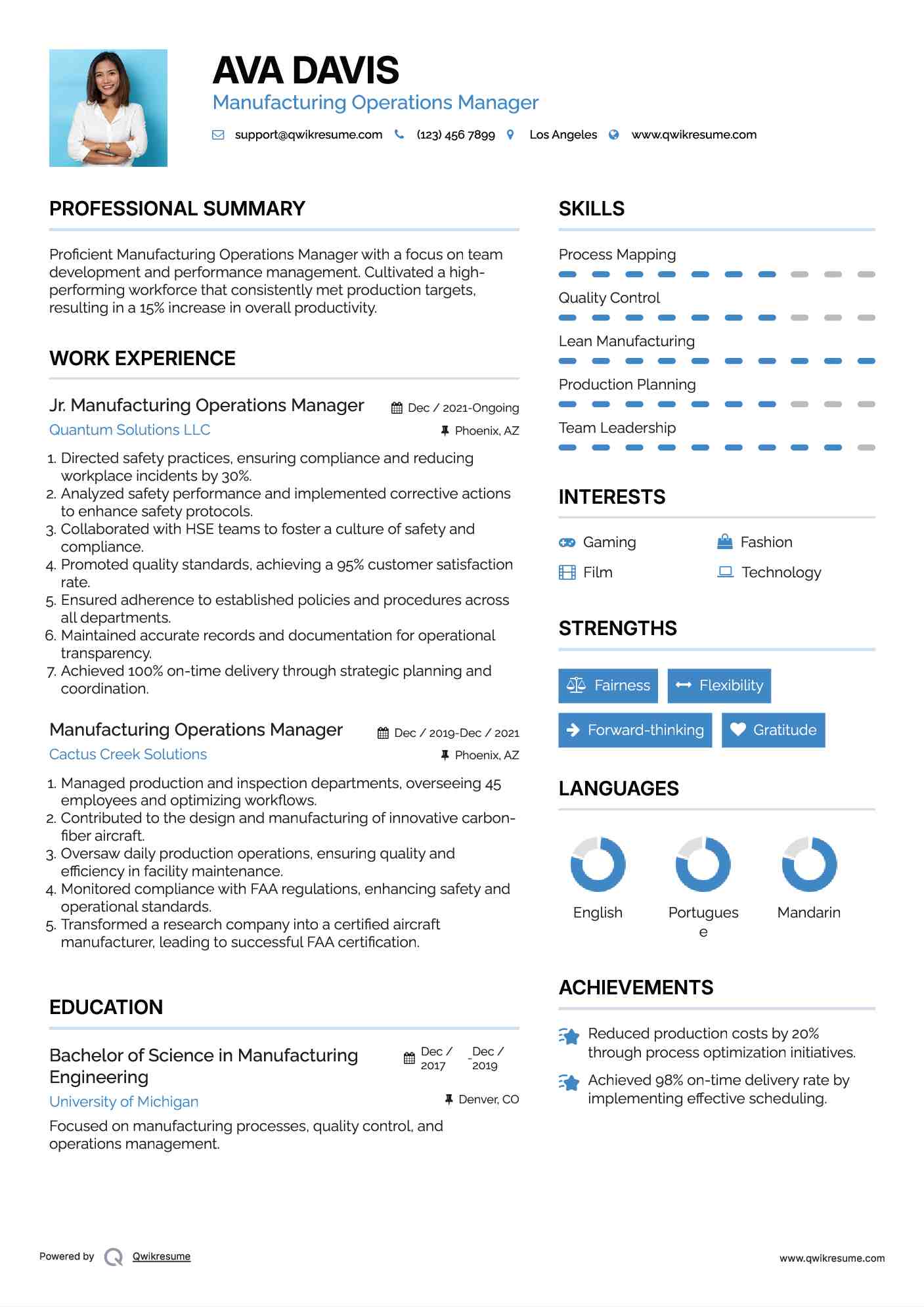 Jr. Manufacturing Operations Manager Resume Format