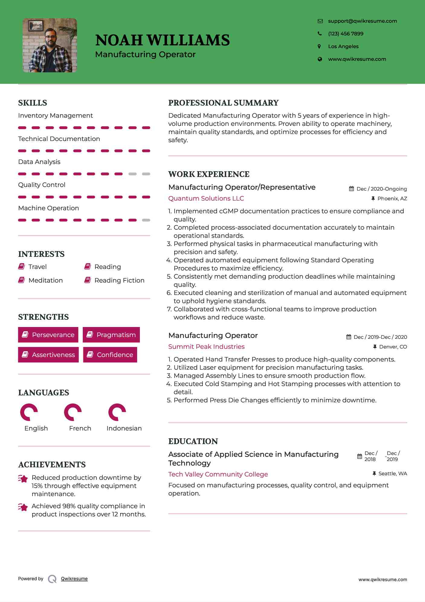 Manufacturing Operator/Representative Resume Model