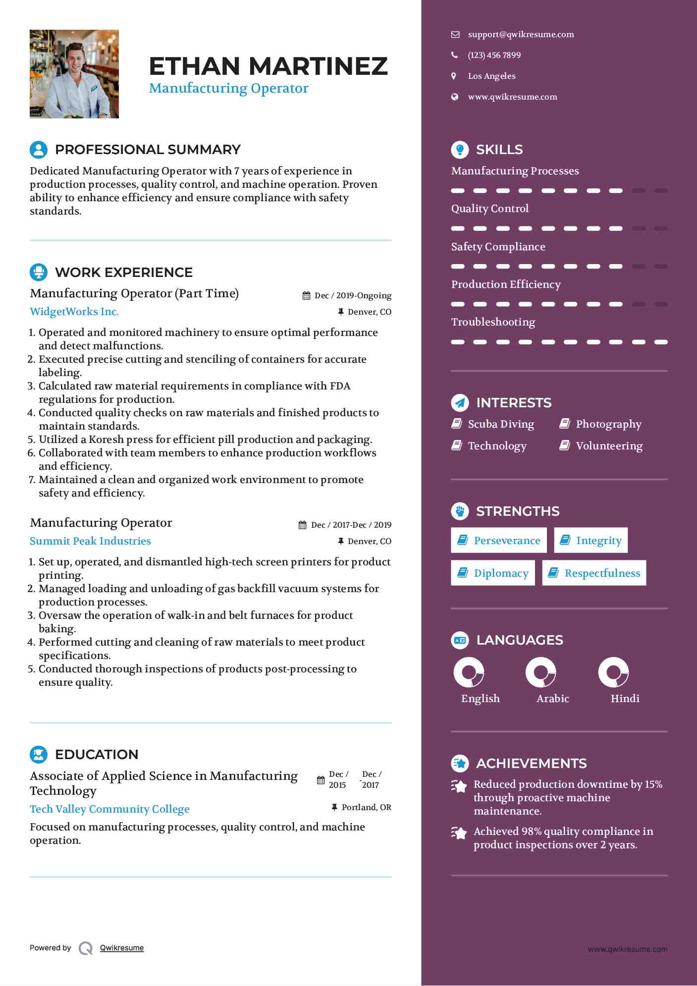 Manufacturing Operator (Part Time) Resume Model