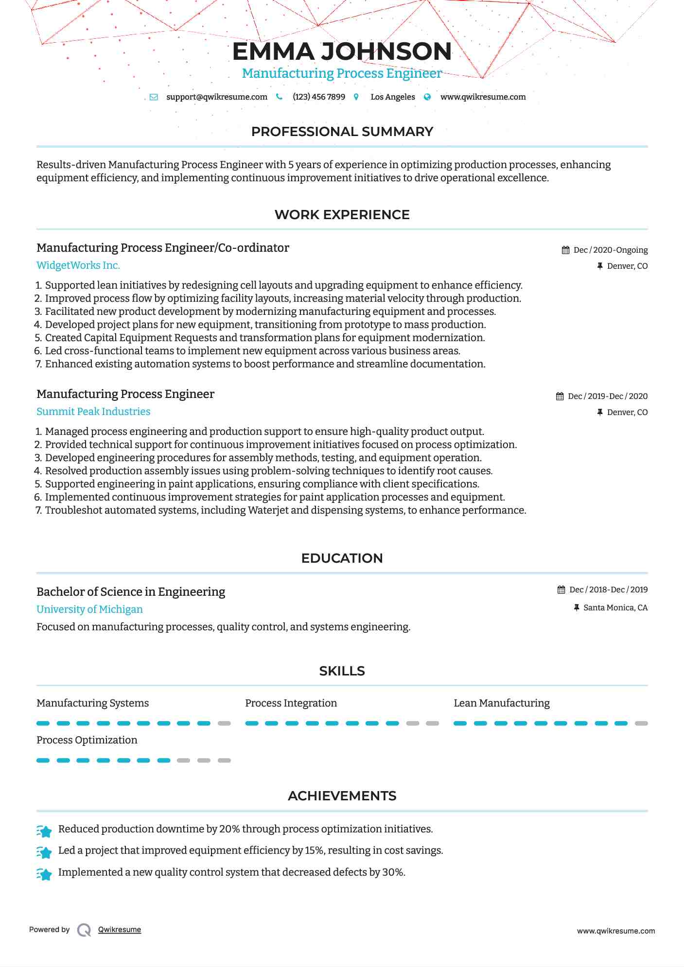 Manufacturing Process Engineer/Co-ordinator Resume Example
