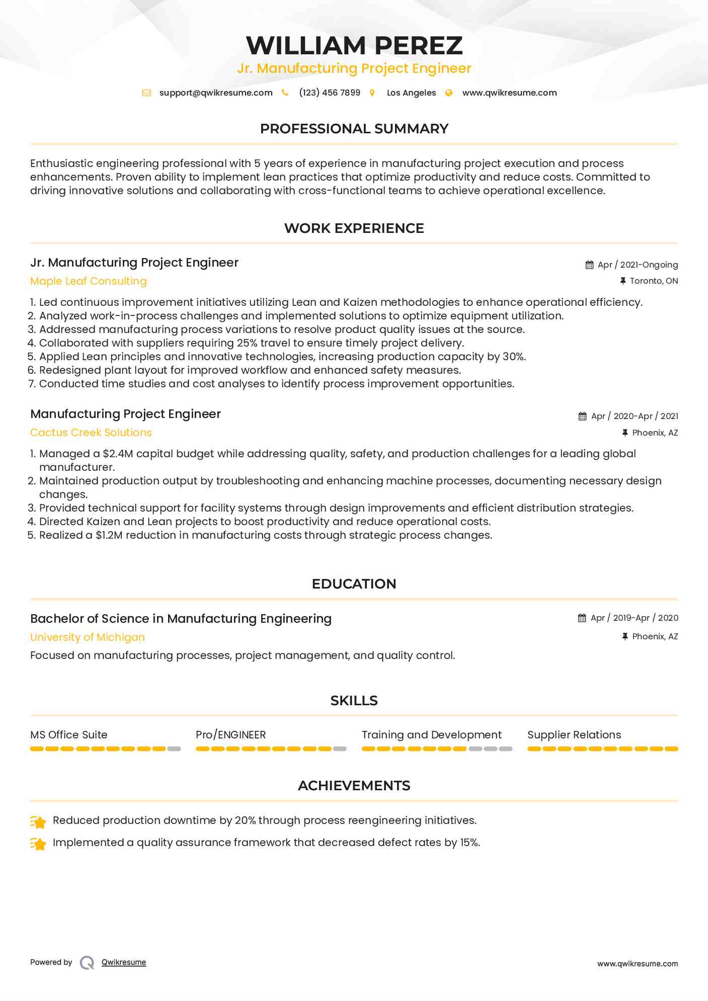 Jr. Manufacturing Project Engineer Resume Example
