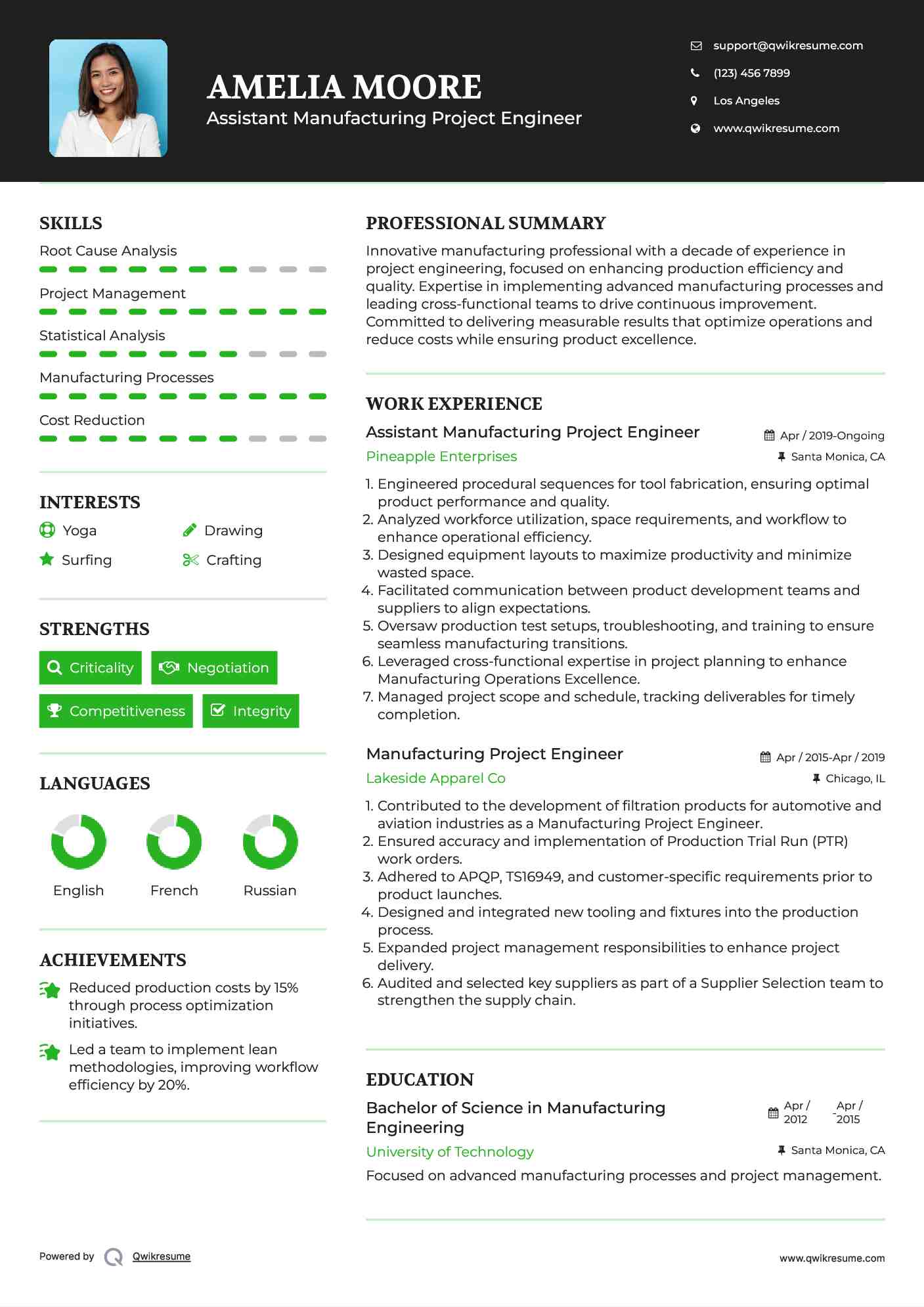 Assistant Manufacturing Project Engineer Resume Model