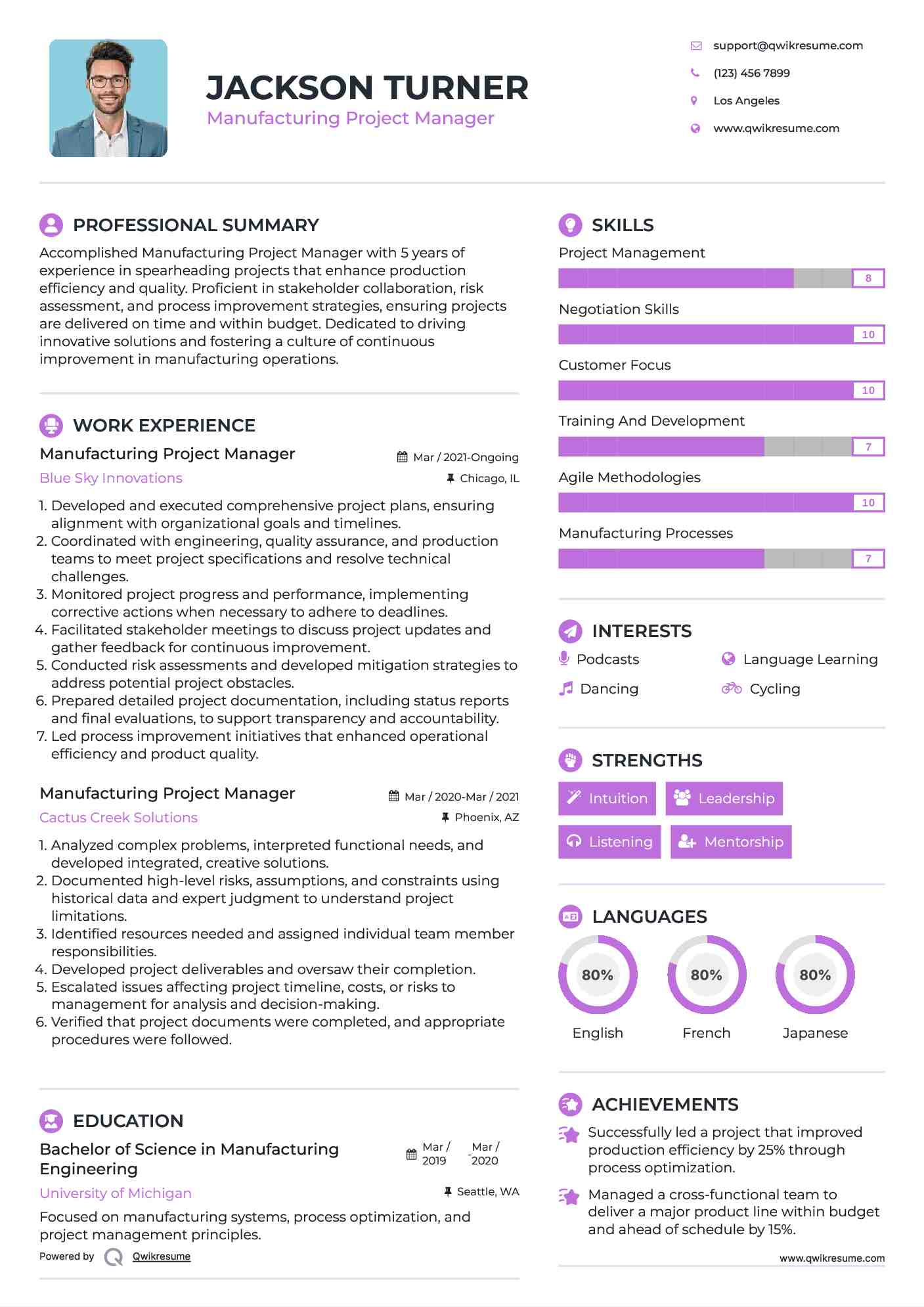 Manufacturing Project Manager Resume Model