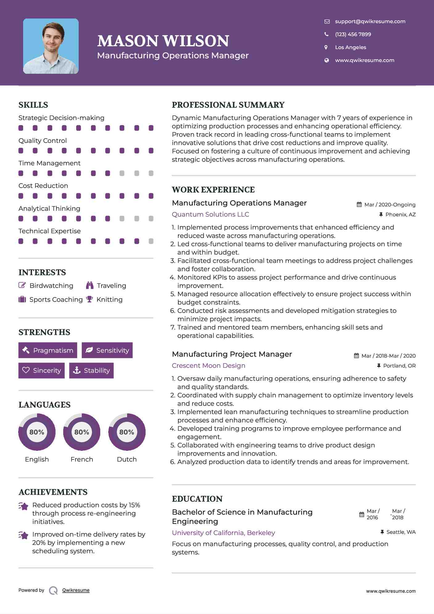Manufacturing Operations Manager Resume Example