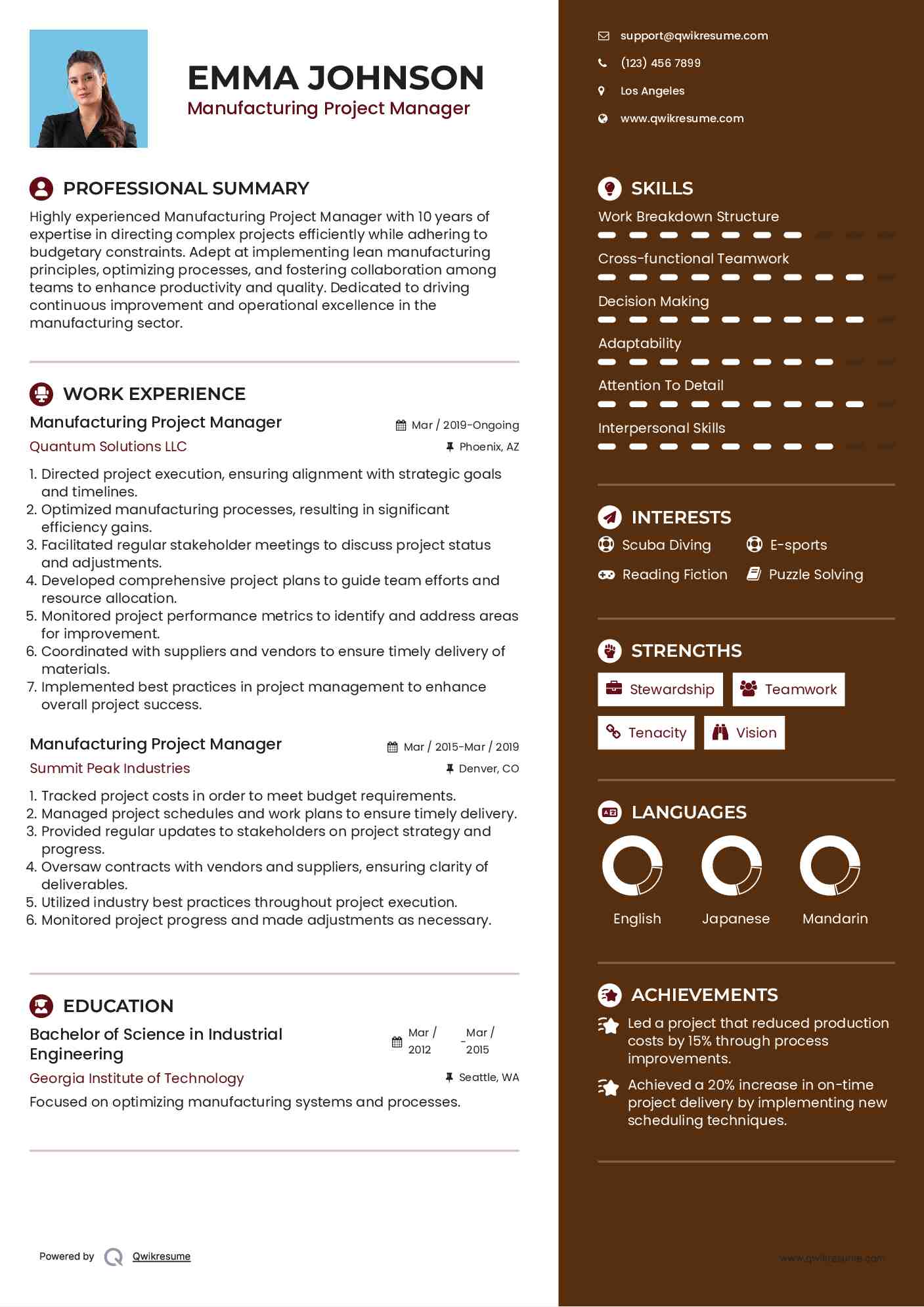 Manufacturing Project Manager Resume Model
