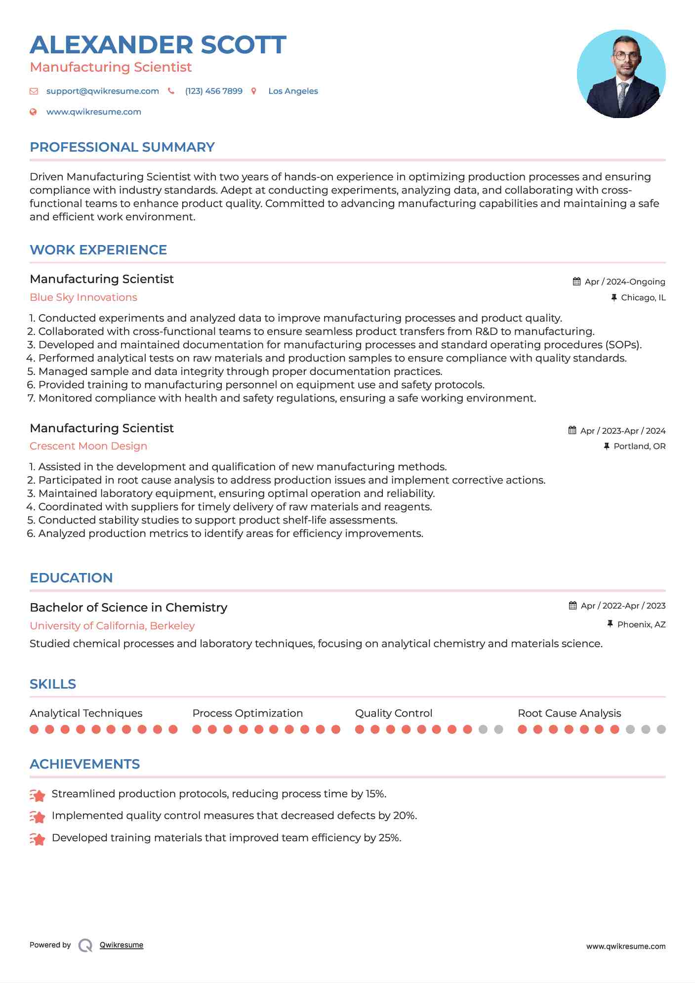 Manufacturing Scientist Resume Example