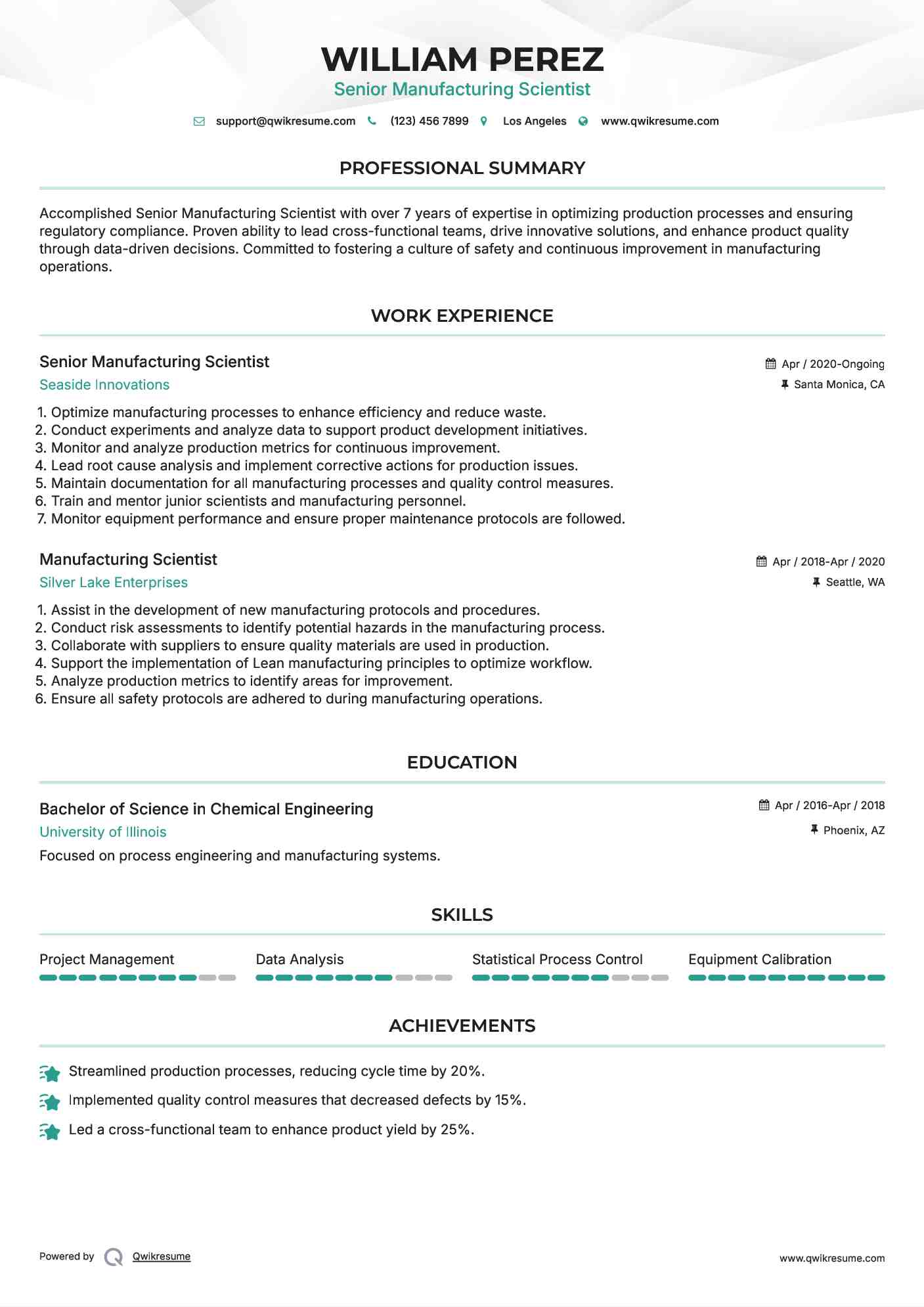 Senior Manufacturing Scientist Resume Model