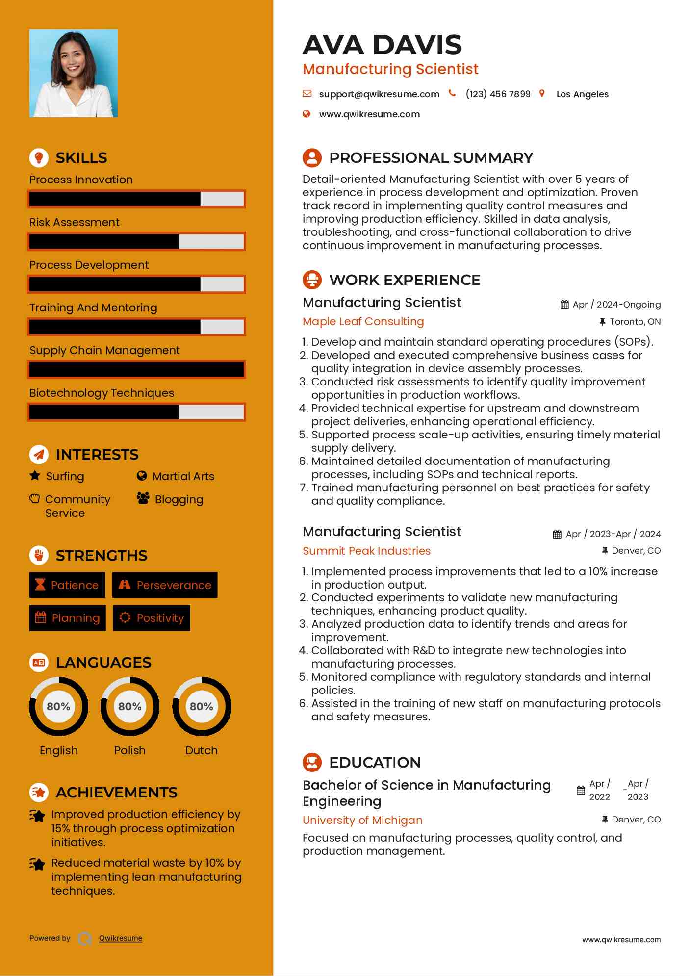 Manufacturing Scientist Resume Template