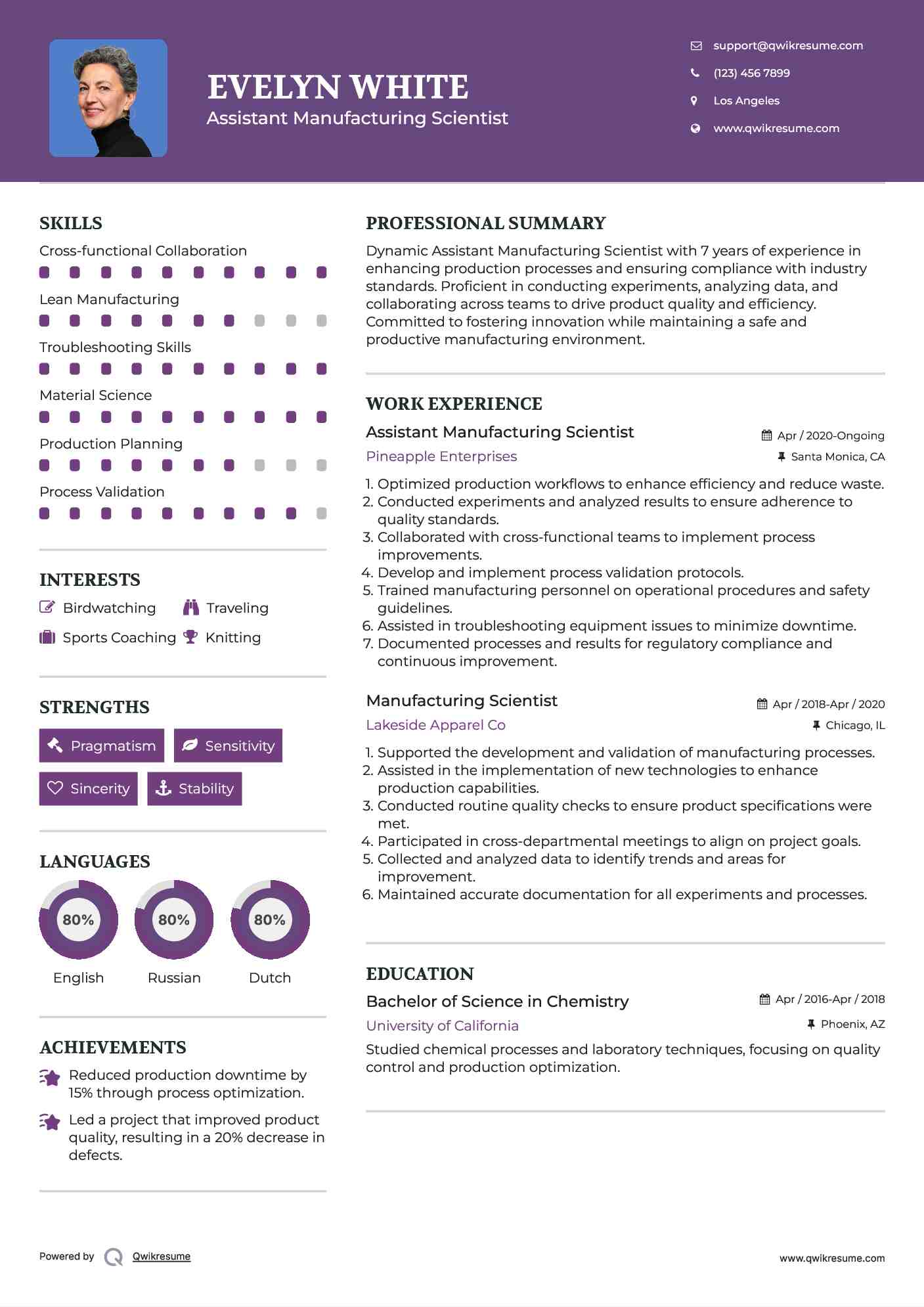 Assistant Manufacturing Scientist Resume Model
