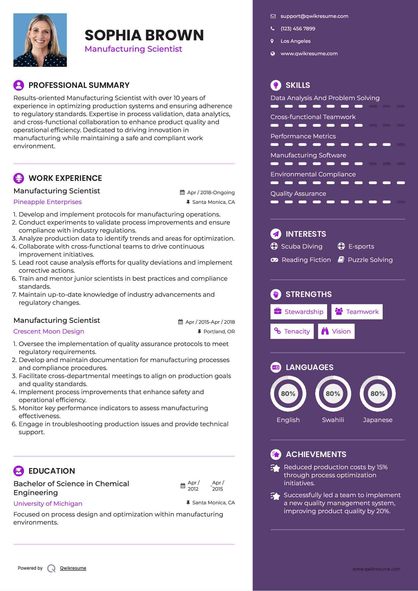 Manufacturing Scientist Resume Model