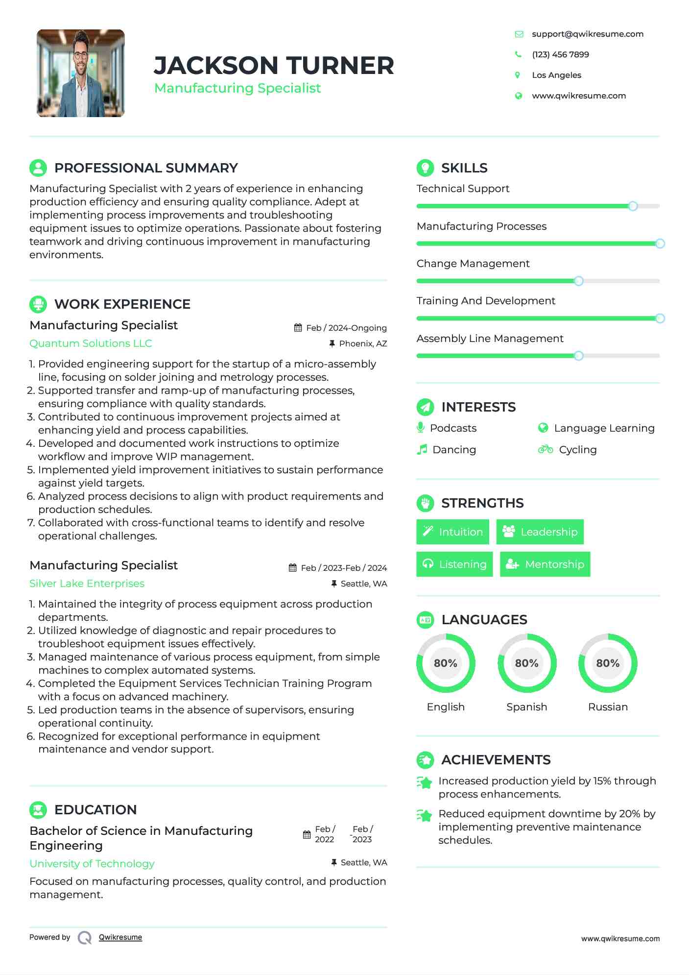 Manufacturing Specialist Resume Template