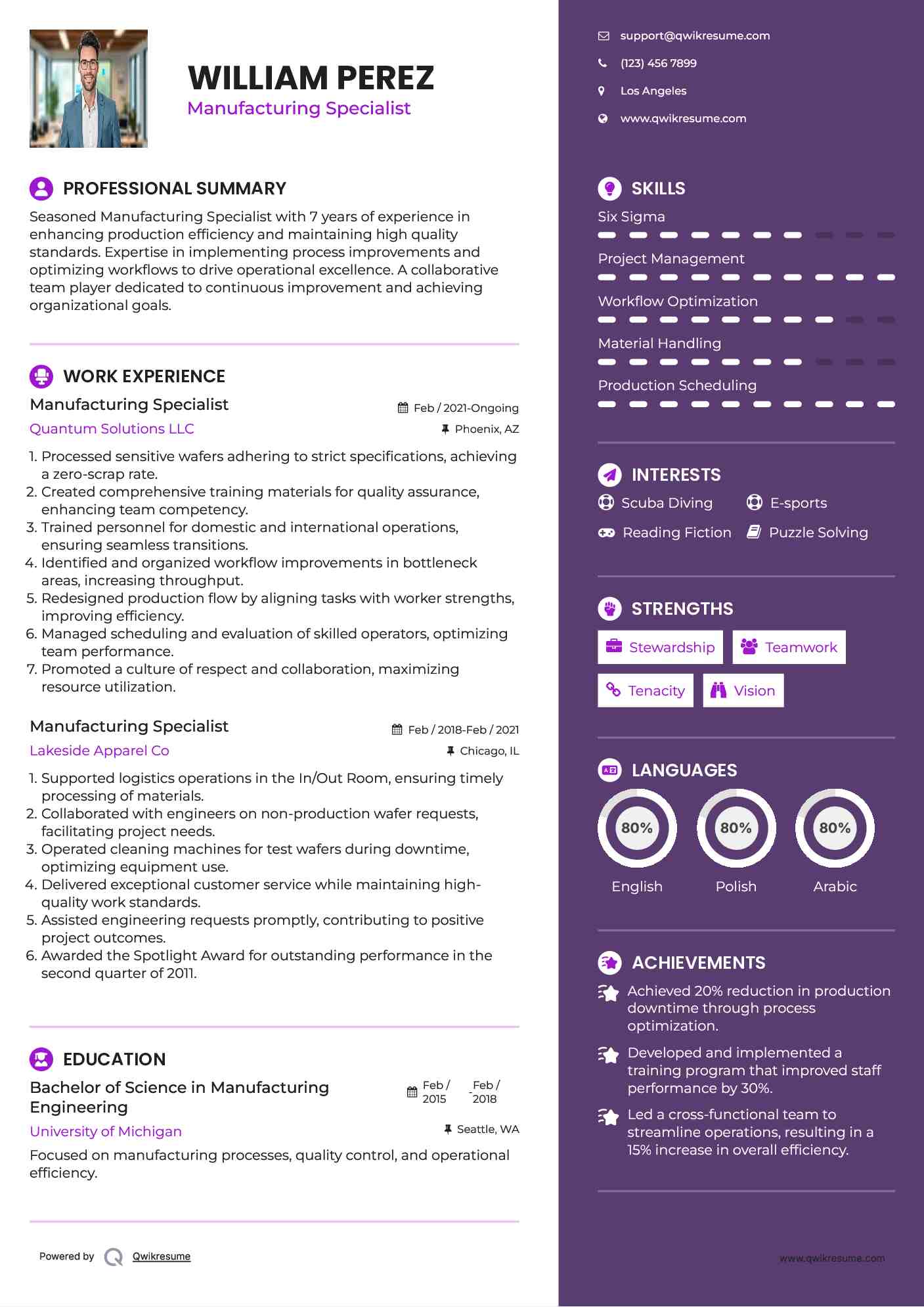 Manufacturing Specialist Resume Sample
