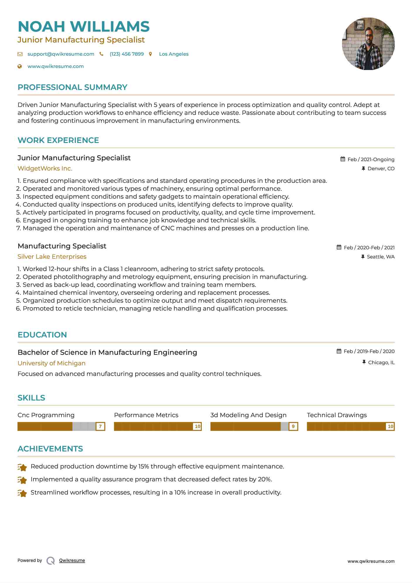 Junior Manufacturing Specialist  Resume Example